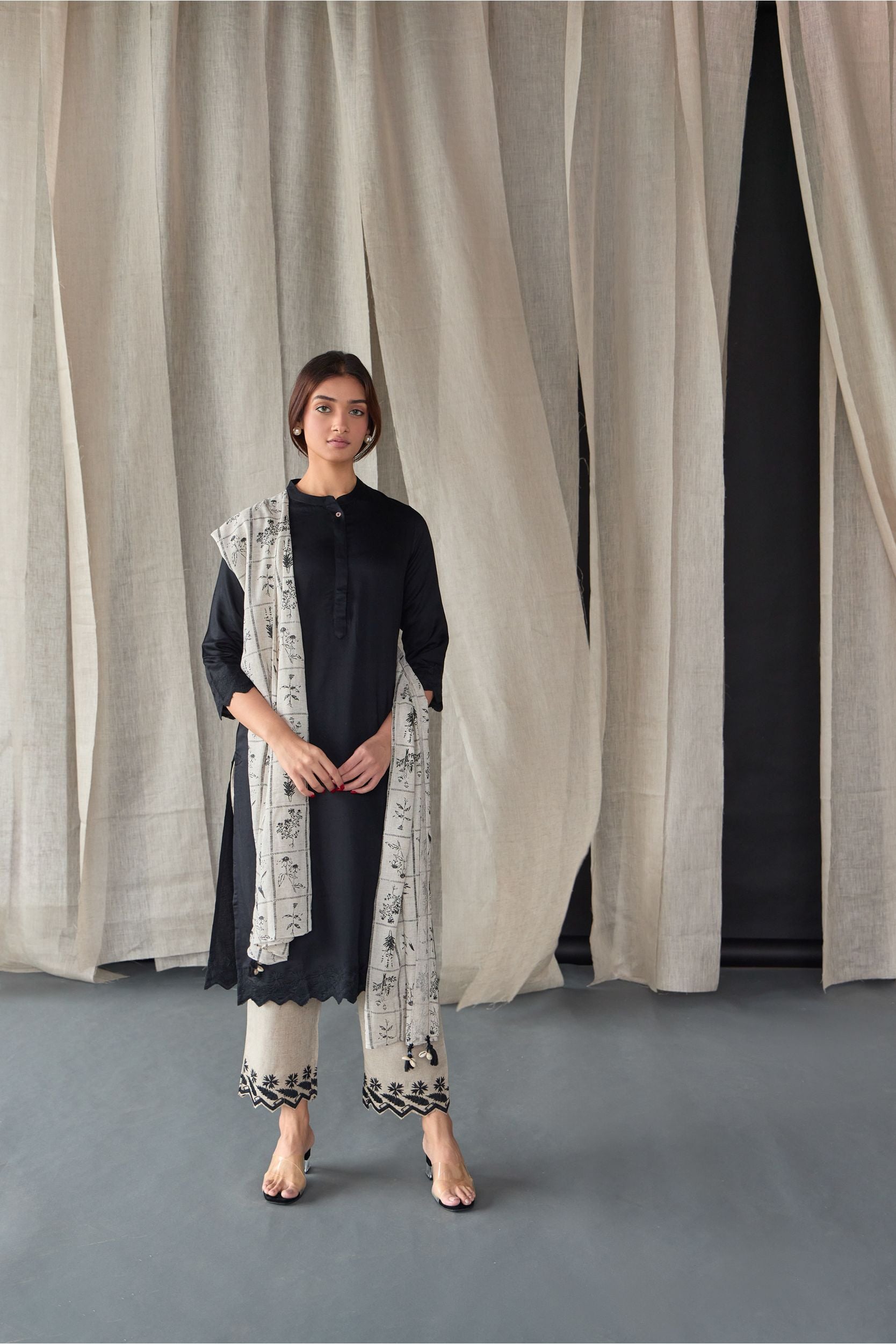 Hand Scalloped Black Kurta set with Tonal Embroidery - Mokshaa