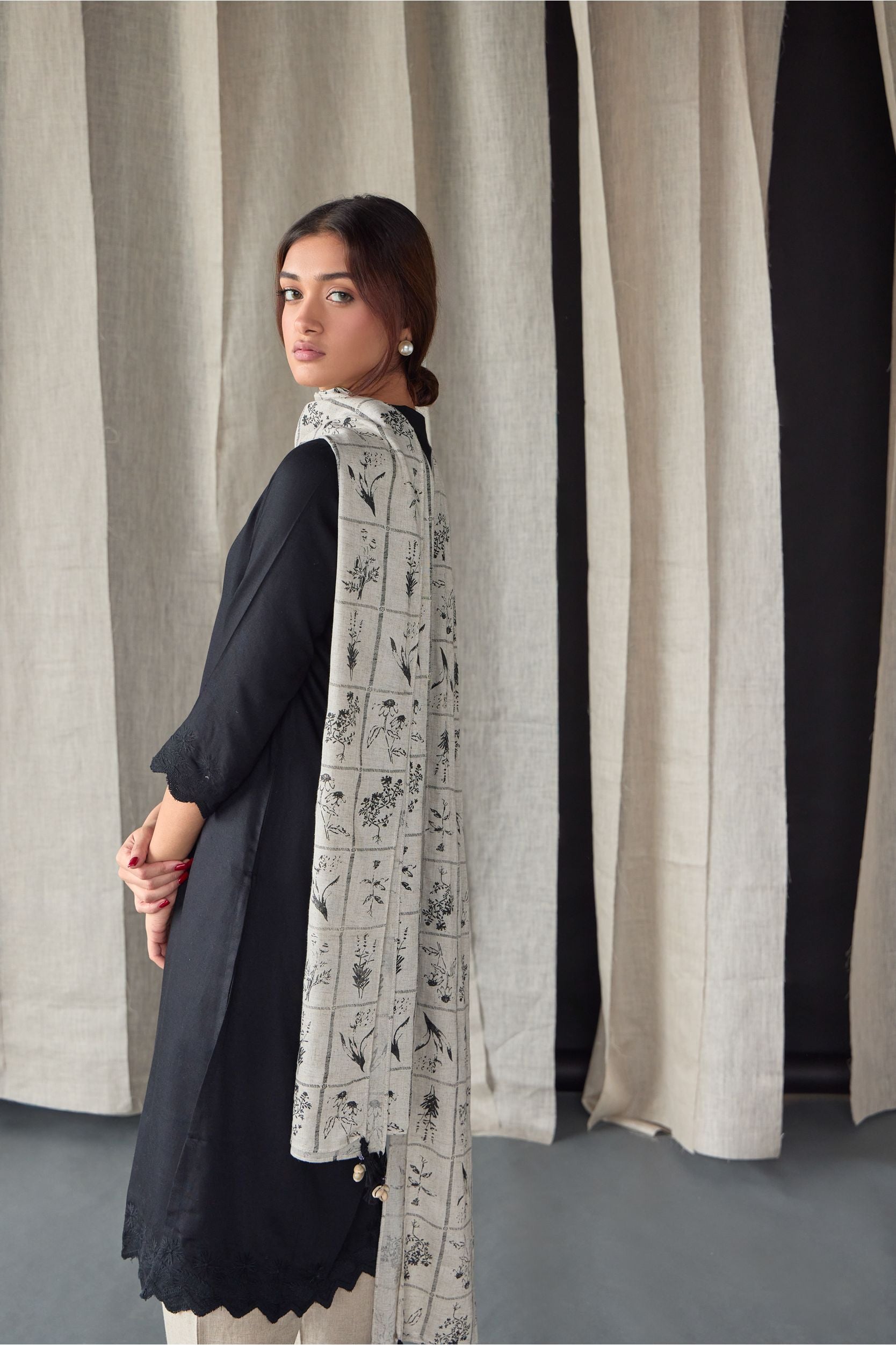 Hand Scalloped Black Kurta set with Tonal Embroidery - Mokshaa