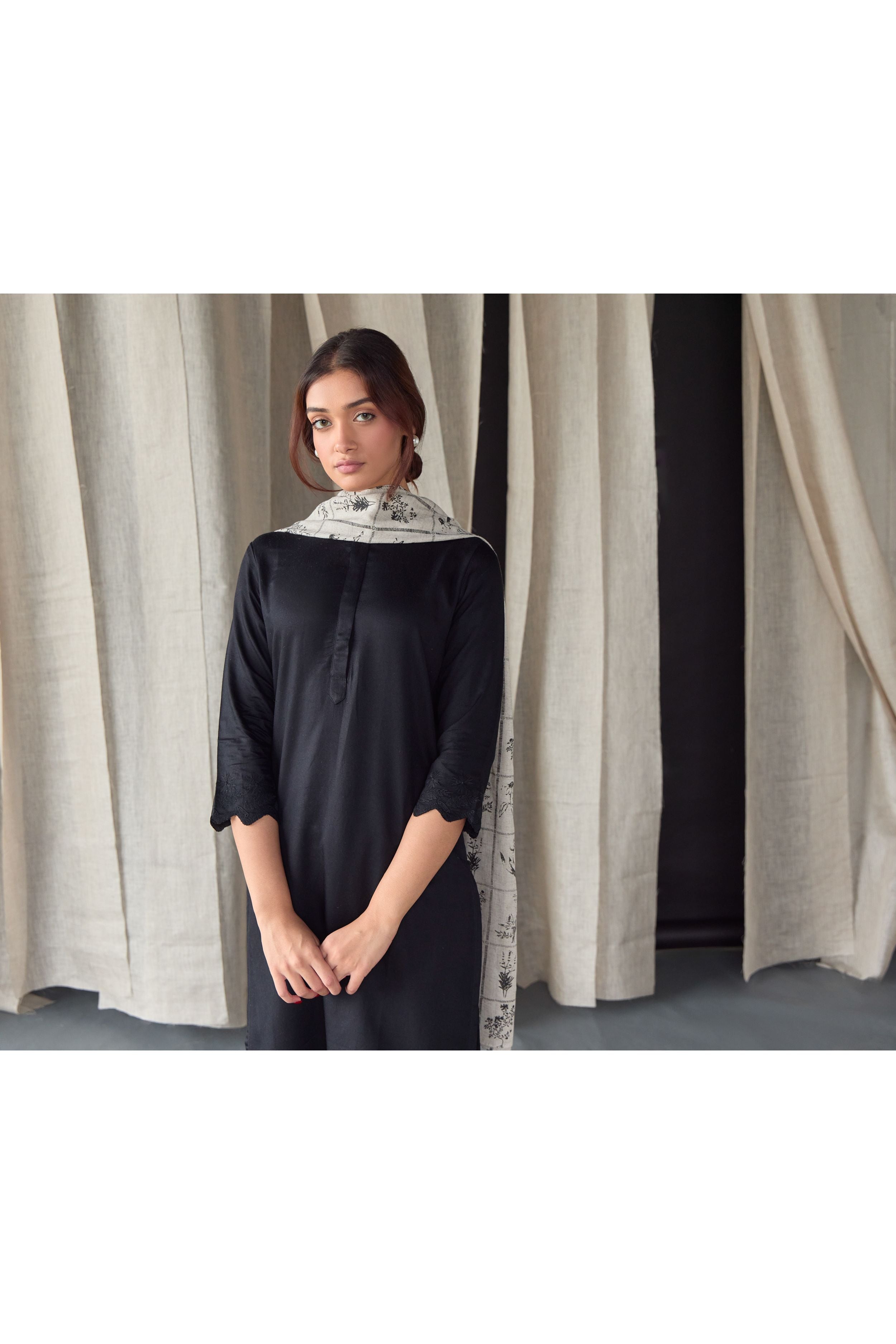 Hand Scalloped Black Kurta set with Tonal Embroidery - Mokshaa