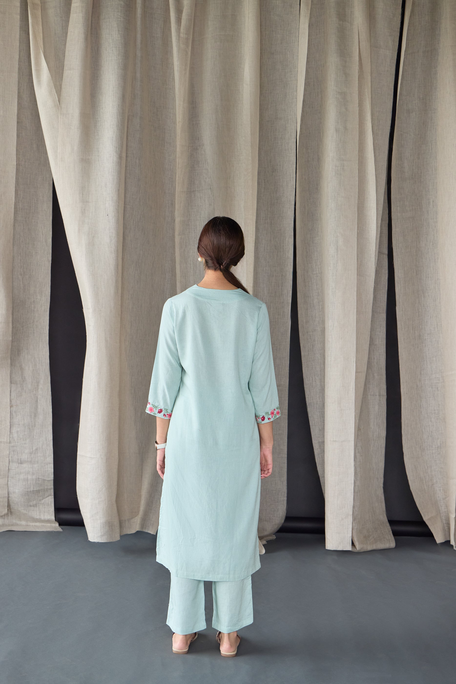 Mineral Blue Floral Embroidered Linen Kurta Set