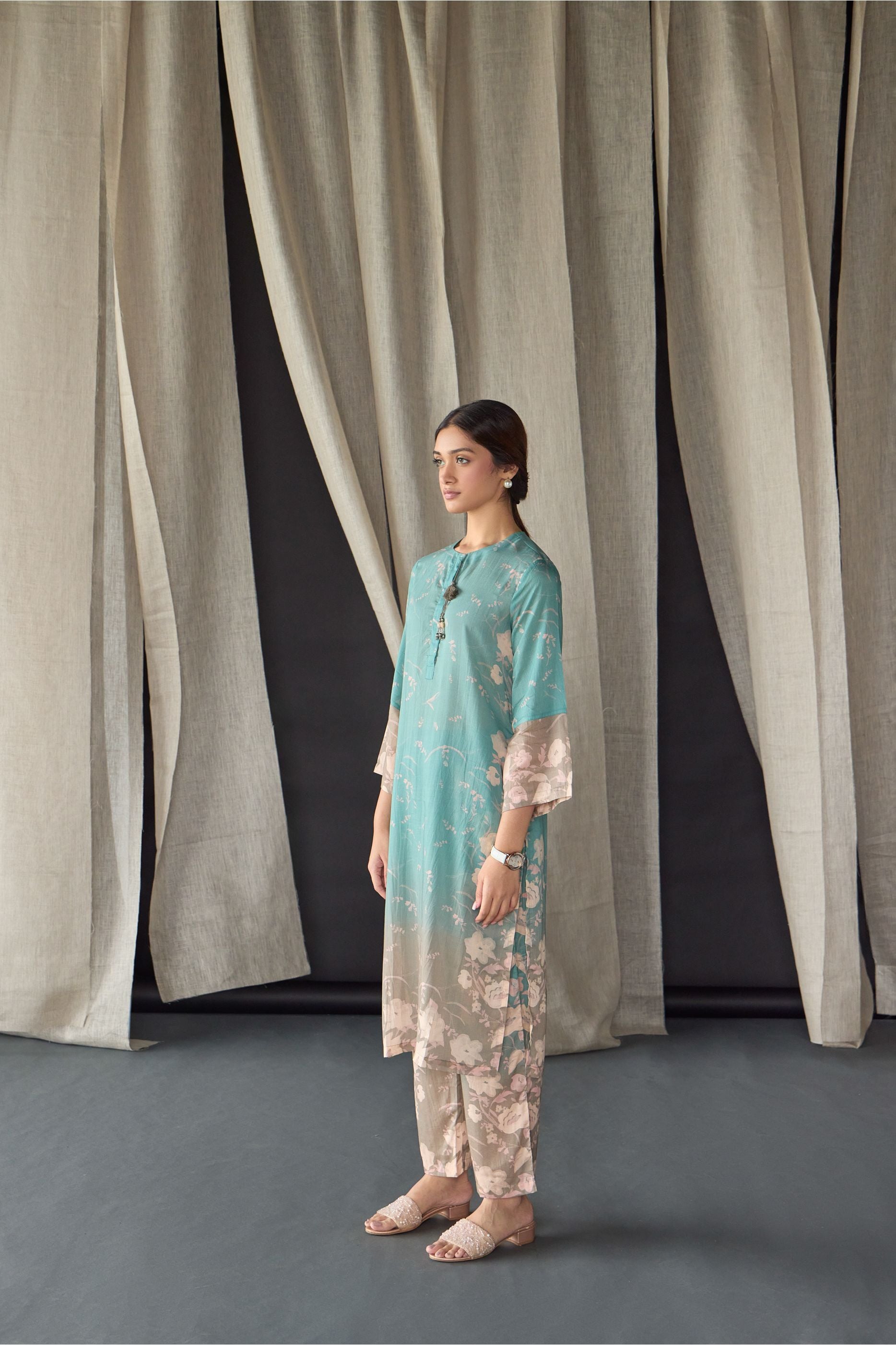 Retro Blue Floral Tencel Kurta Set - Mokshaa