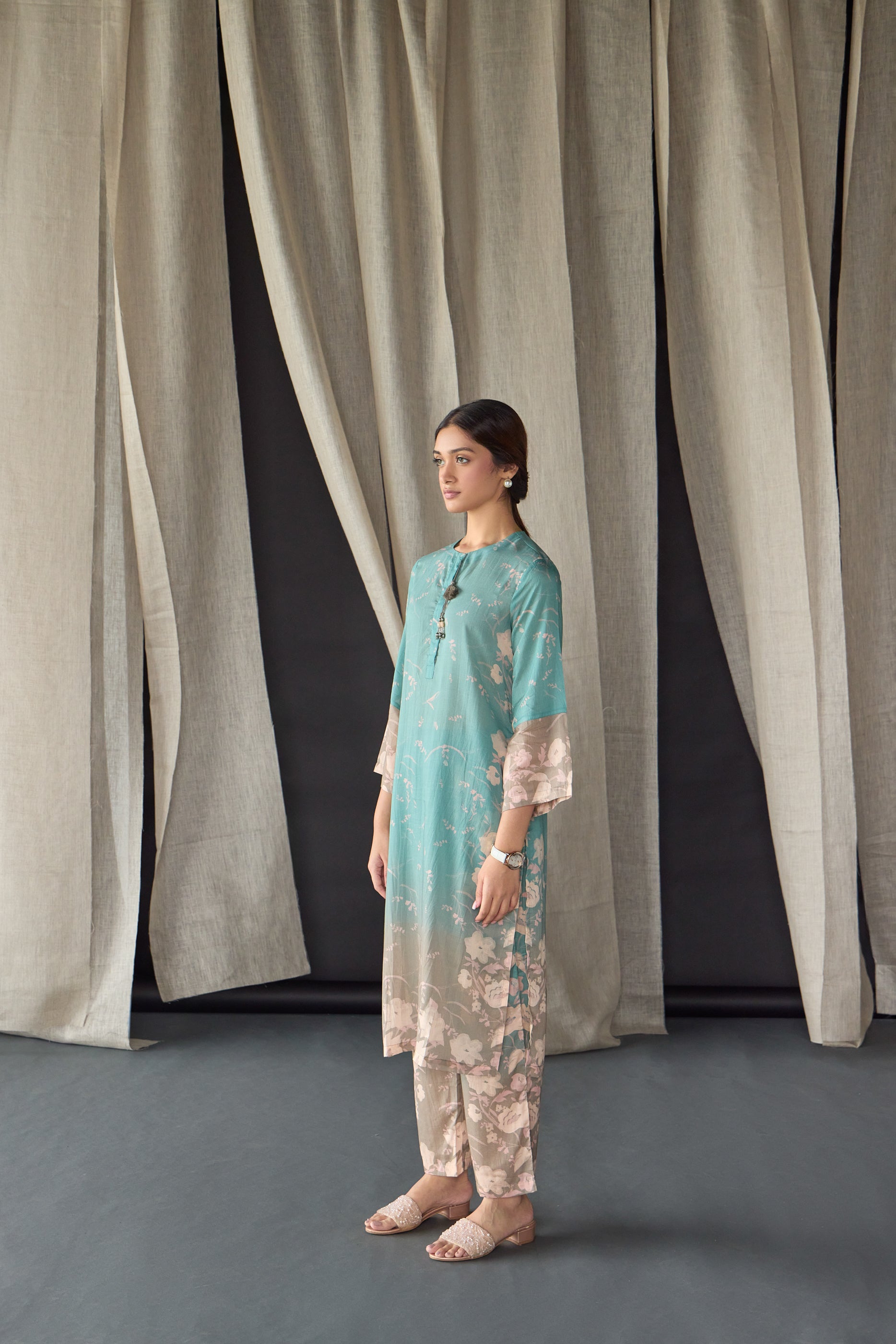 Retro Blue Floral Tencel Kurta Set