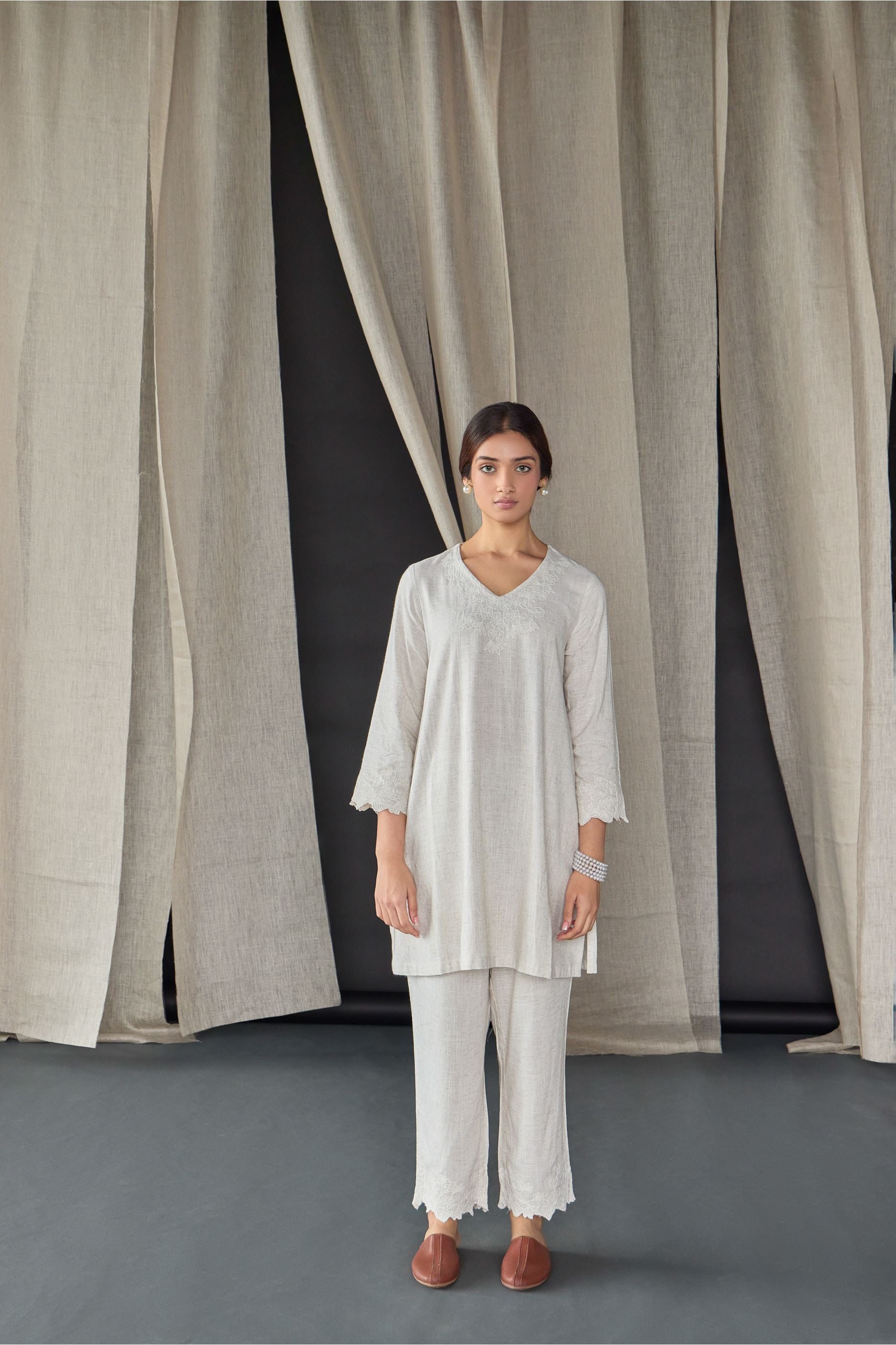 Natural Tonal Embroidered Co-ord Set - Mokshaa