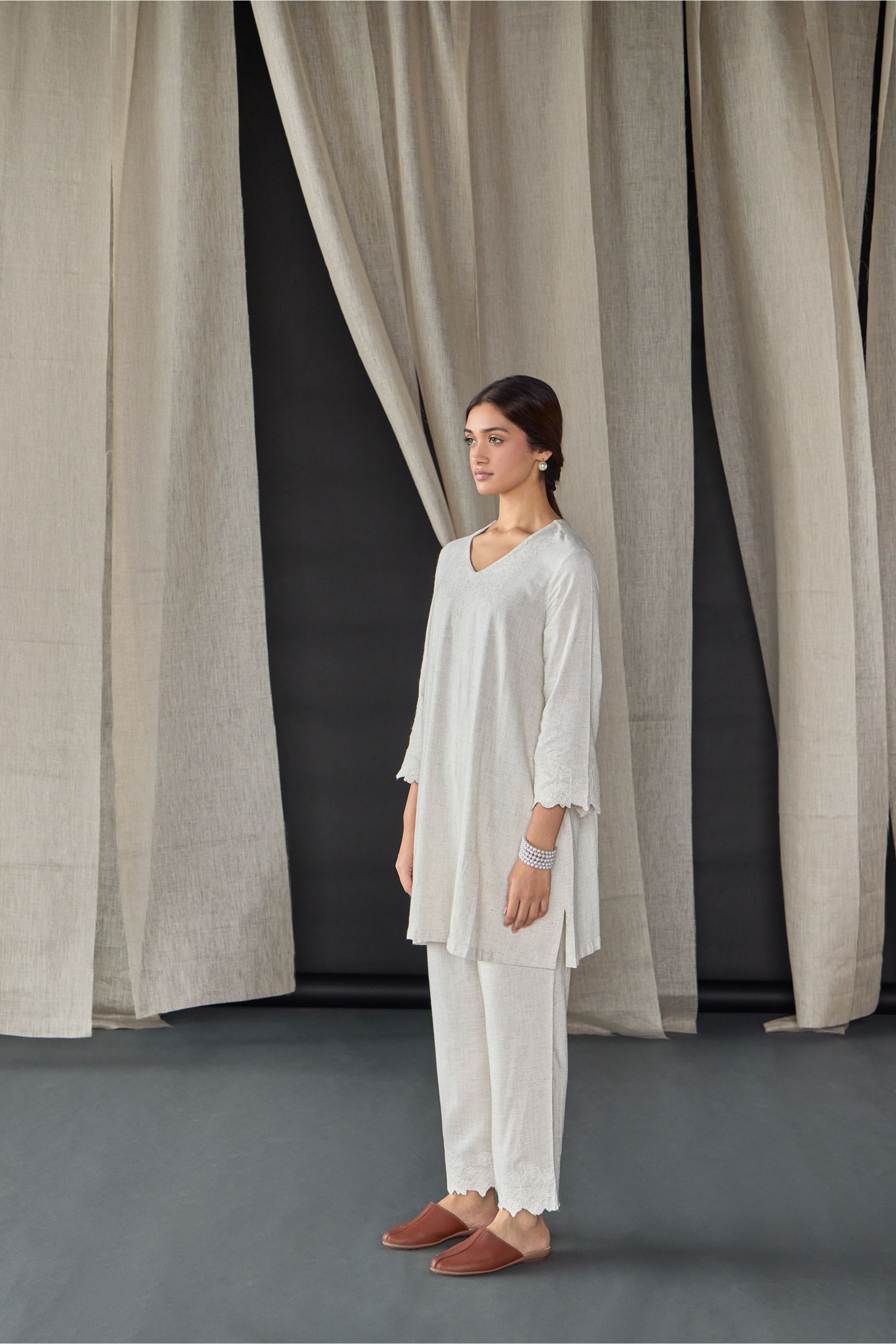 Natural Tonal Embroidered Co-ord Set - Mokshaa