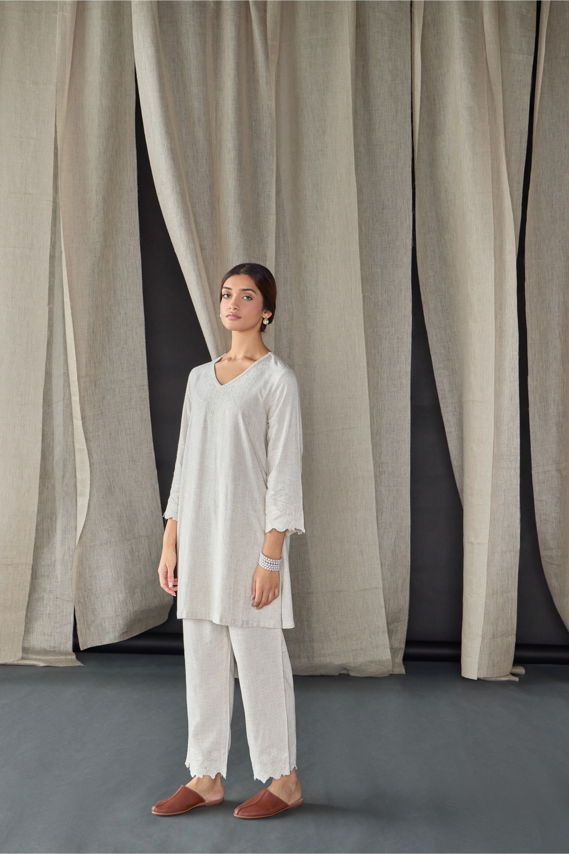 Natural Tonal Embroidered Co-ord Set - Mokshaa