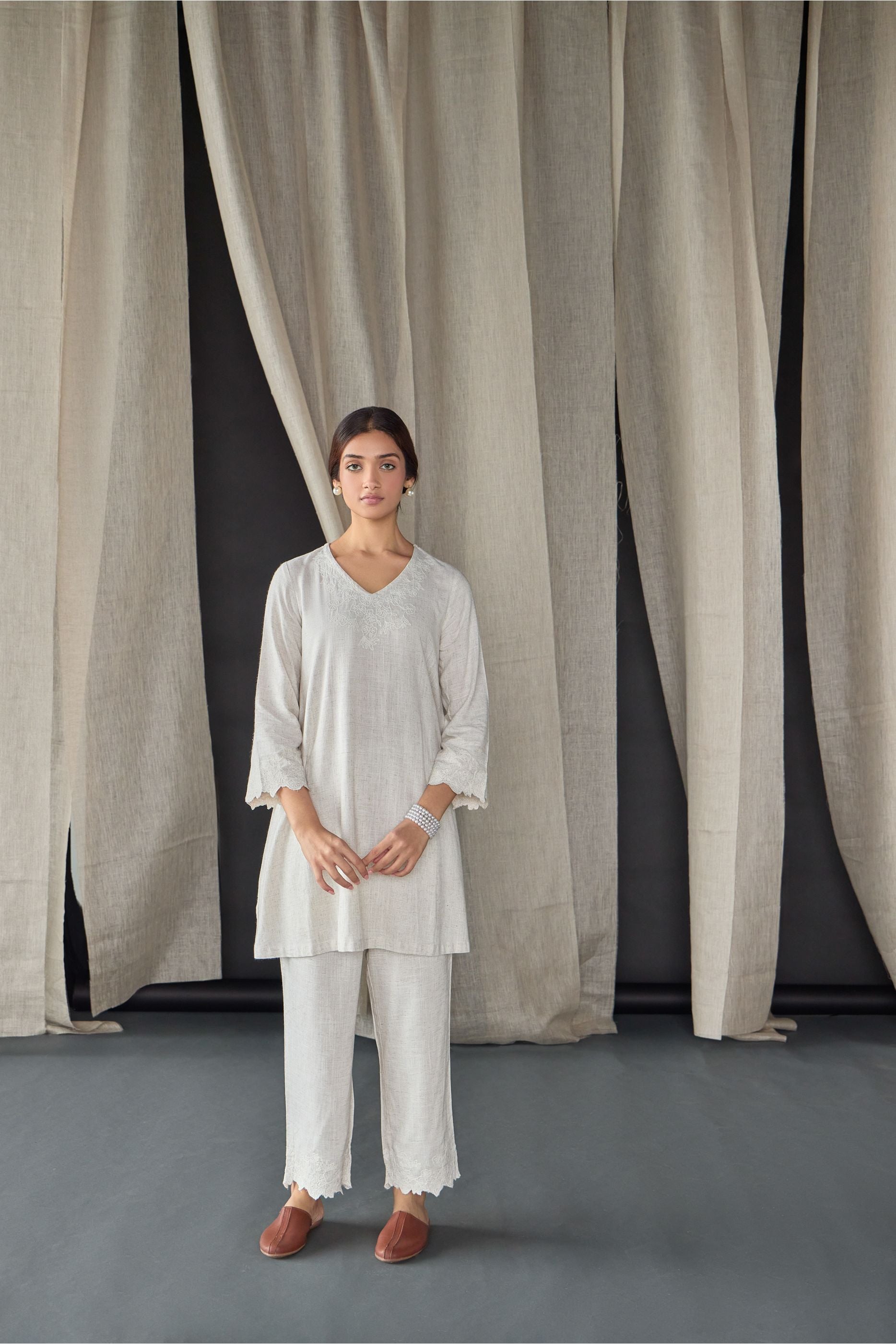 Natural Tonal Embroidered Co-ord Set - Mokshaa