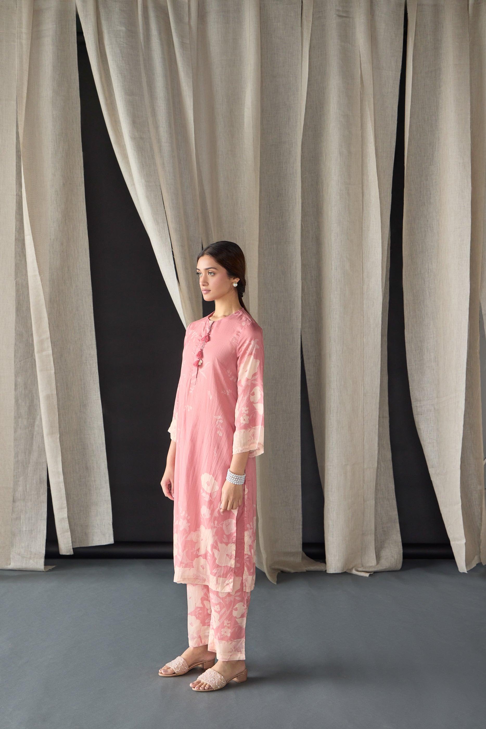 Pink Floral Tencel Kurta Set (of 2)