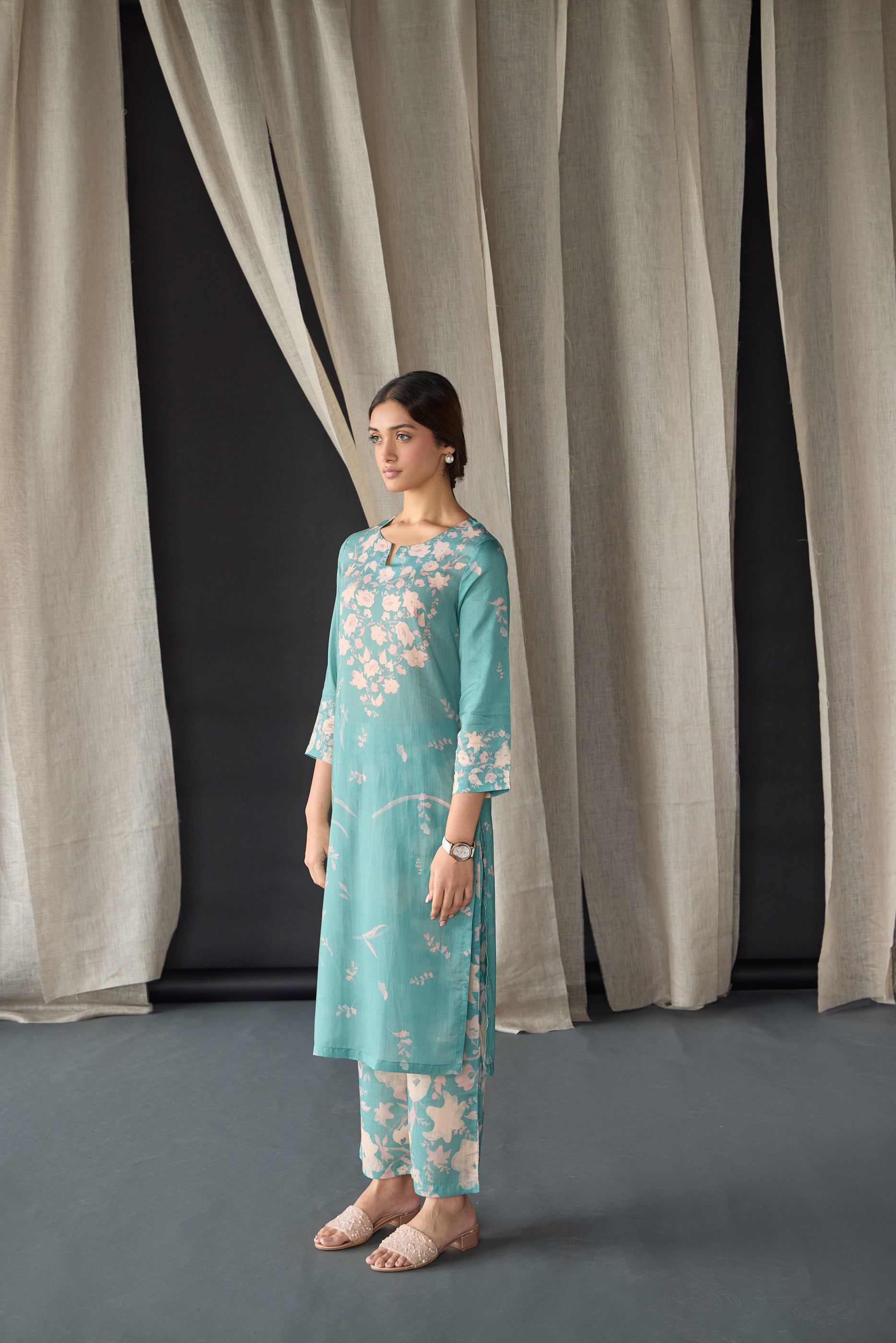 Retro Blue Floral Tencel Kurta Set (of 2)