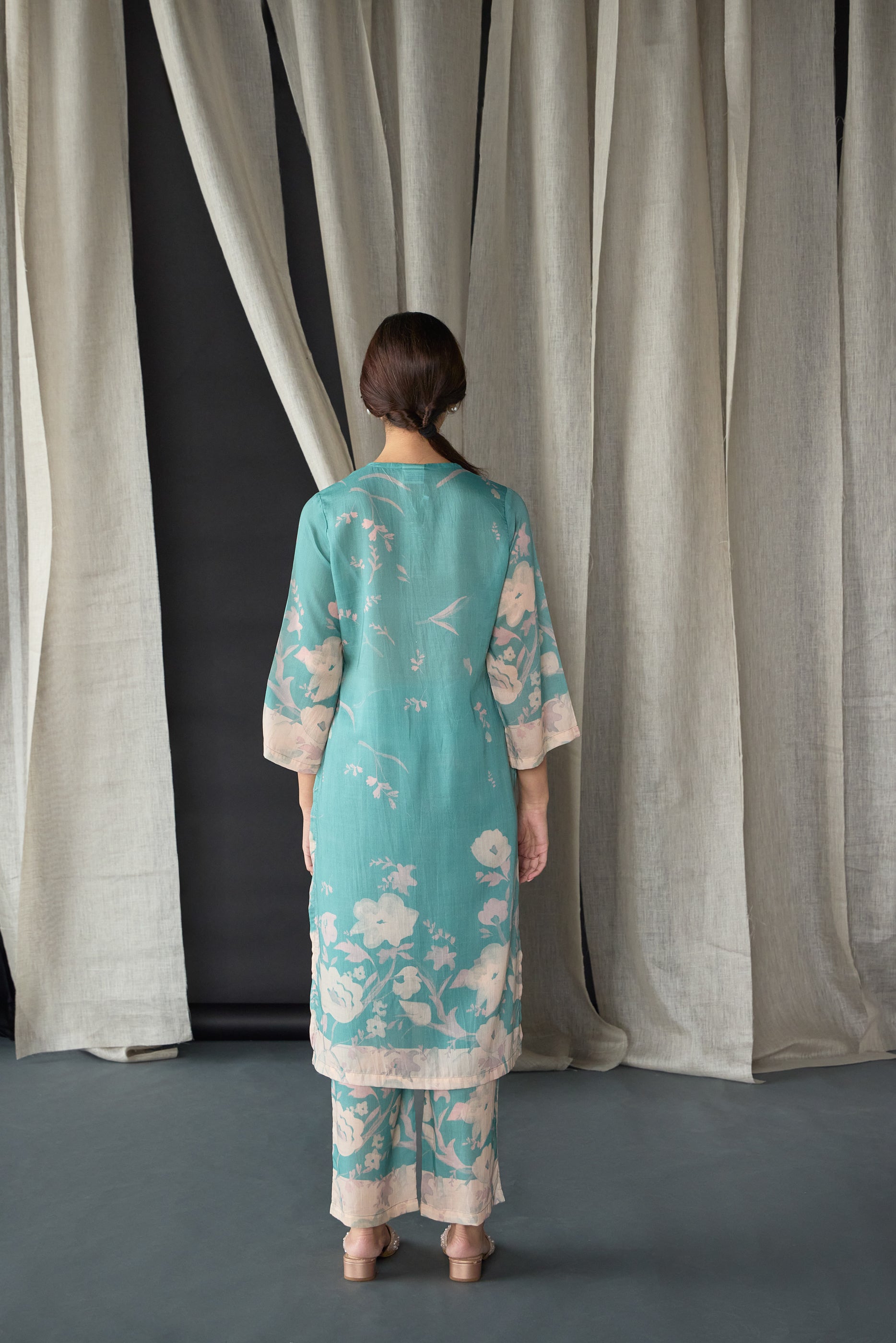 Blue Floral Tencel Kurta Set (of 2)