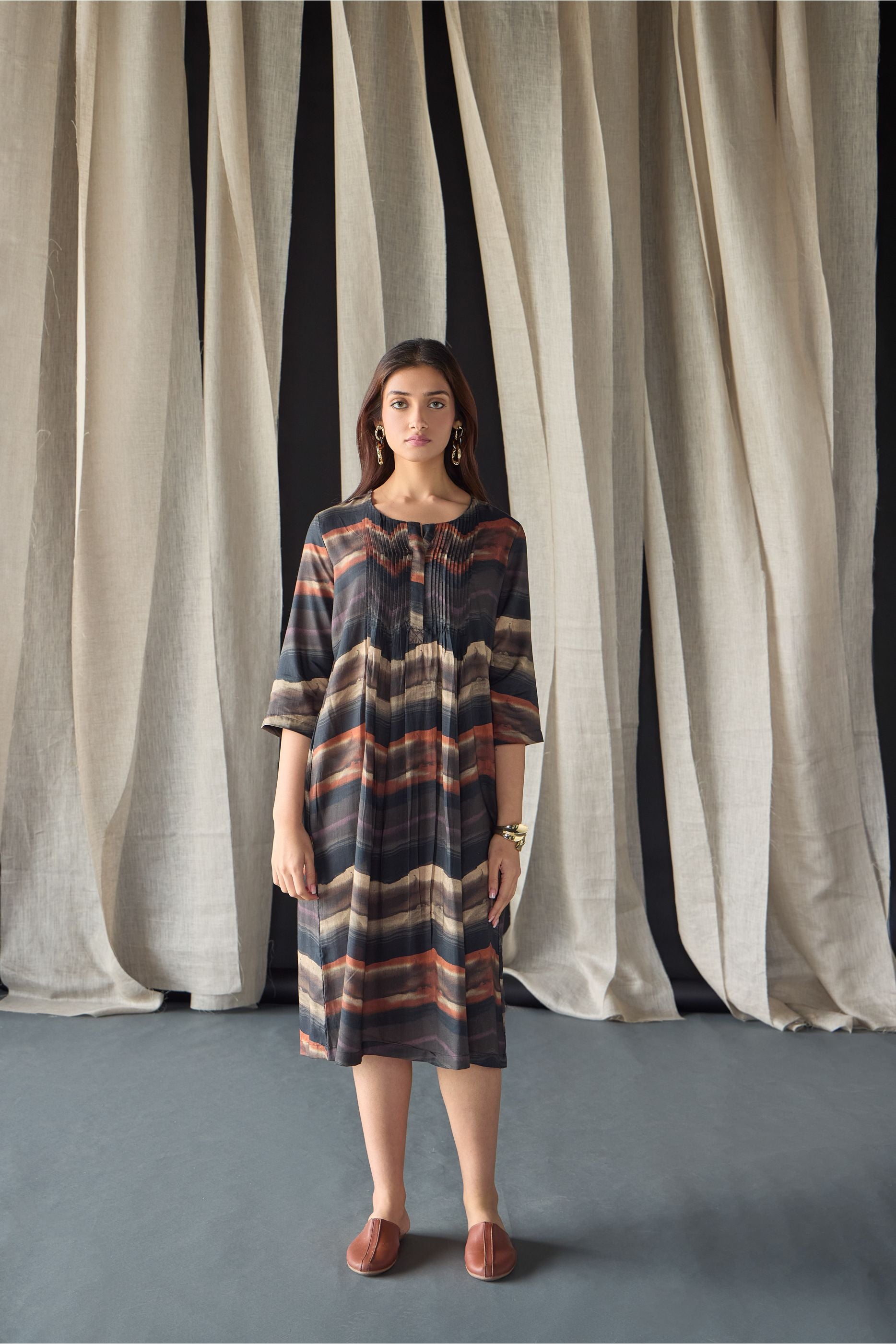 Valley Paint Flowy Silk Dress-Black - Mokshaa