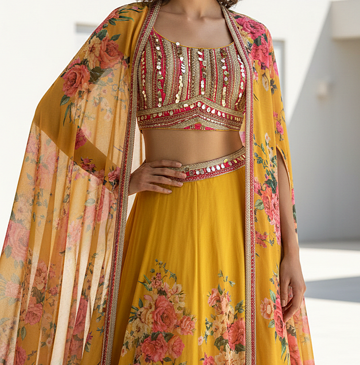 Yellow Georgette Embroidered Cape Set