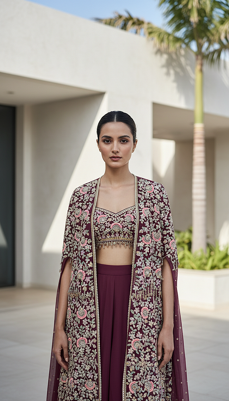 The Imperial Plum Embroidered Cape Set