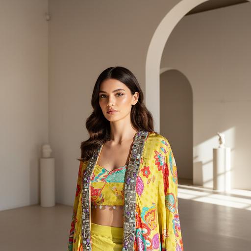 Lime Crepe Floral Embroidered Cape Set