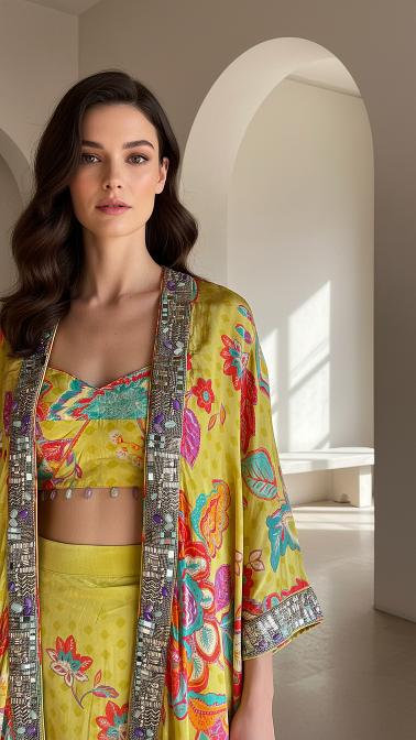 Lime Crepe Floral Embroidered Cape Set