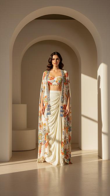 Ivory Crepe Garden Embroidered Cape Set