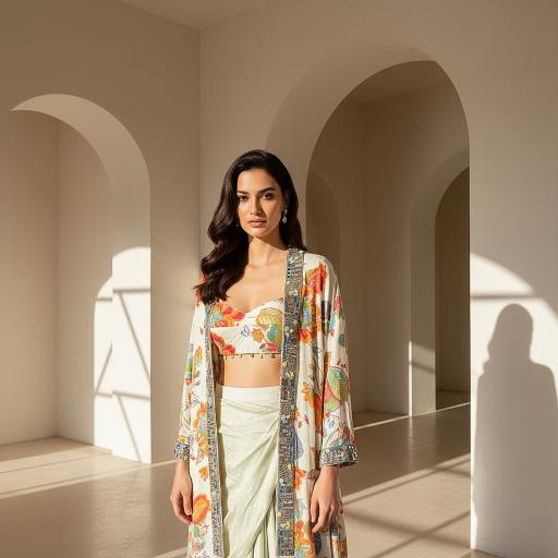 Ivory Crepe Garden Embroidered Cape Set
