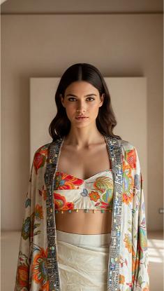 Ivory Crepe Garden Embroidered Cape Set