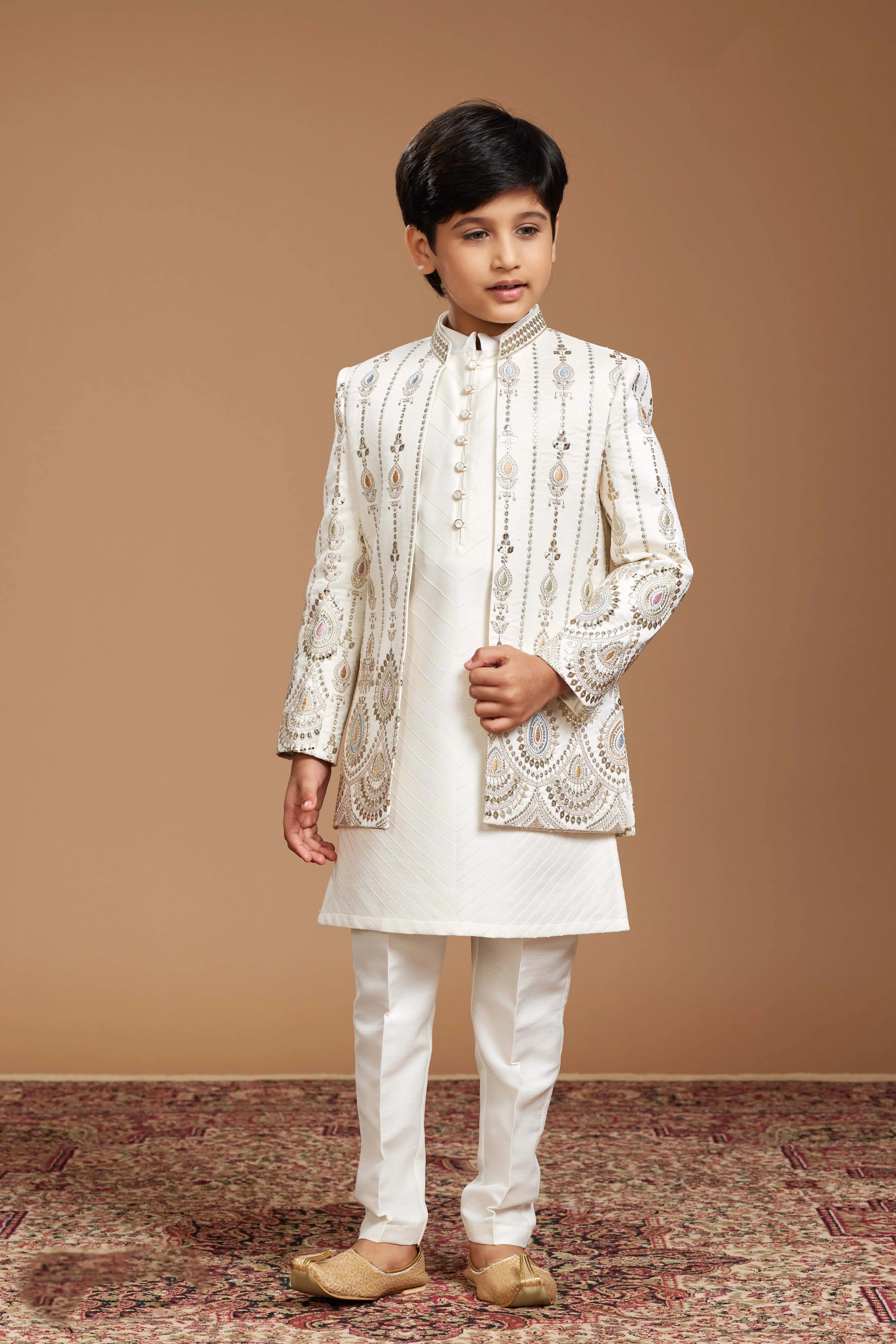 Ivory Boys Indo-western Set with Intricate Embroidery | Mokshaa