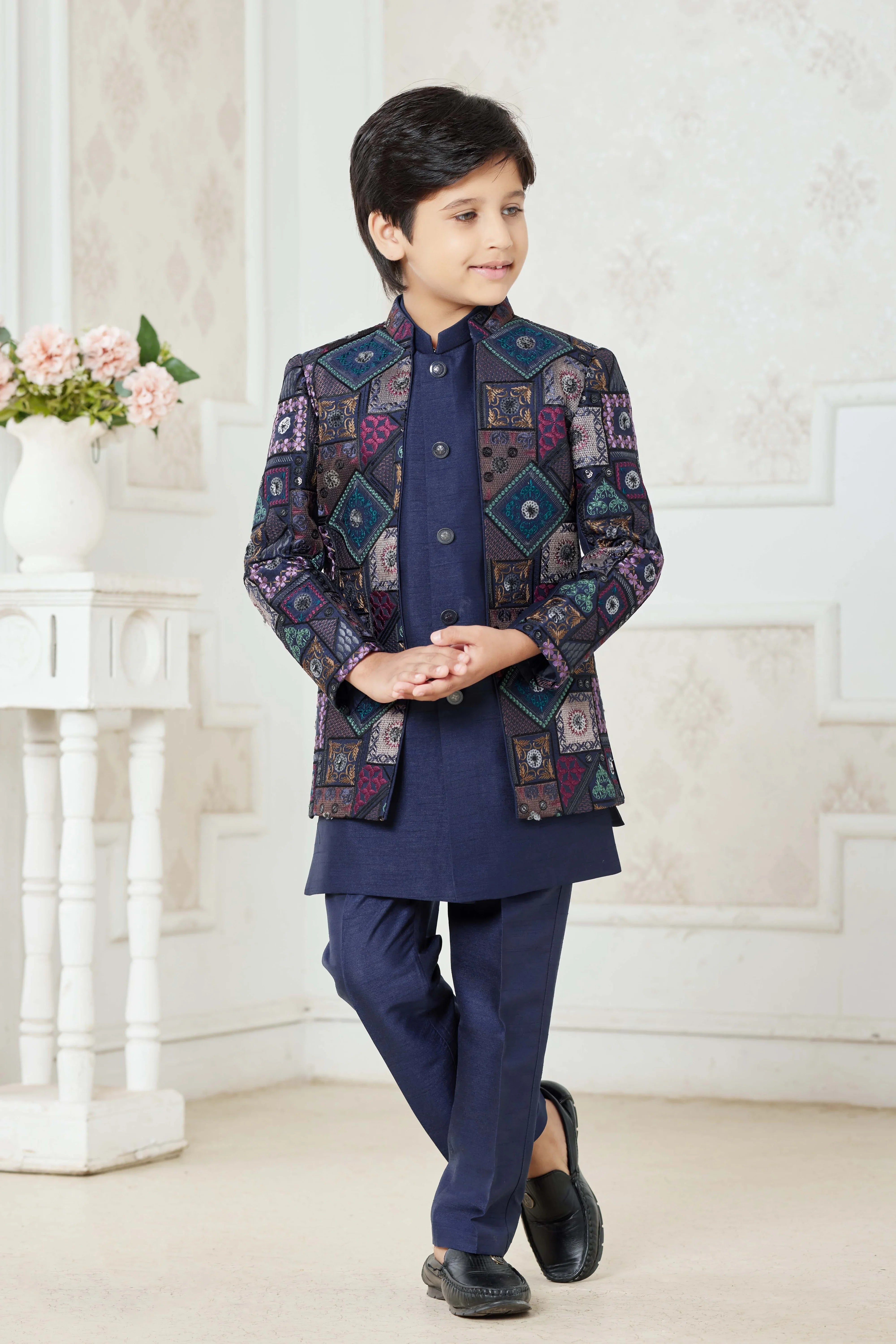Navy Blue Boys Ethnic Wear Set with Printed Jacket | Mokshaa