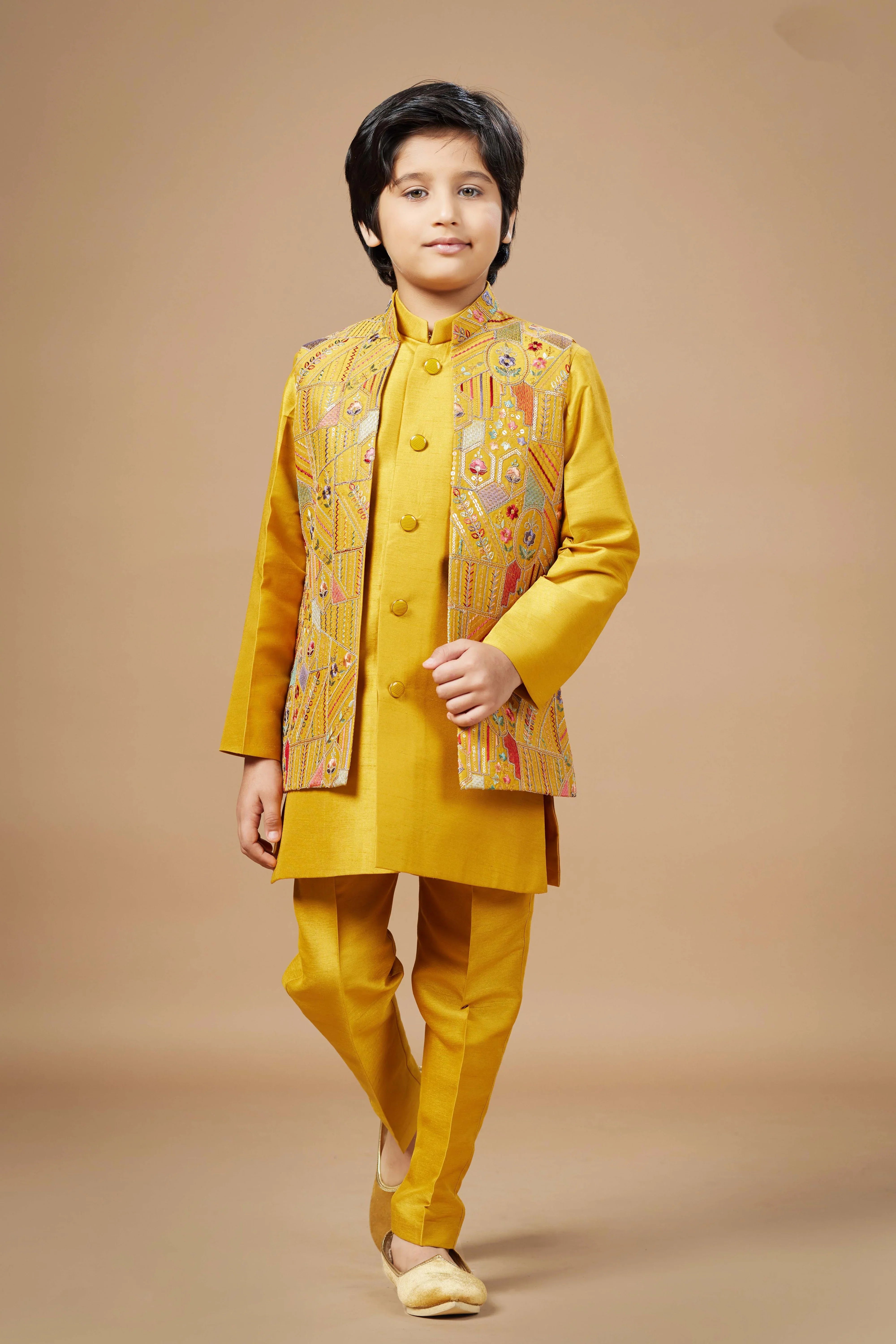 Mustard Yellow Boys Ethnic Wear Set with Embroidered Jacket | Mokshaa