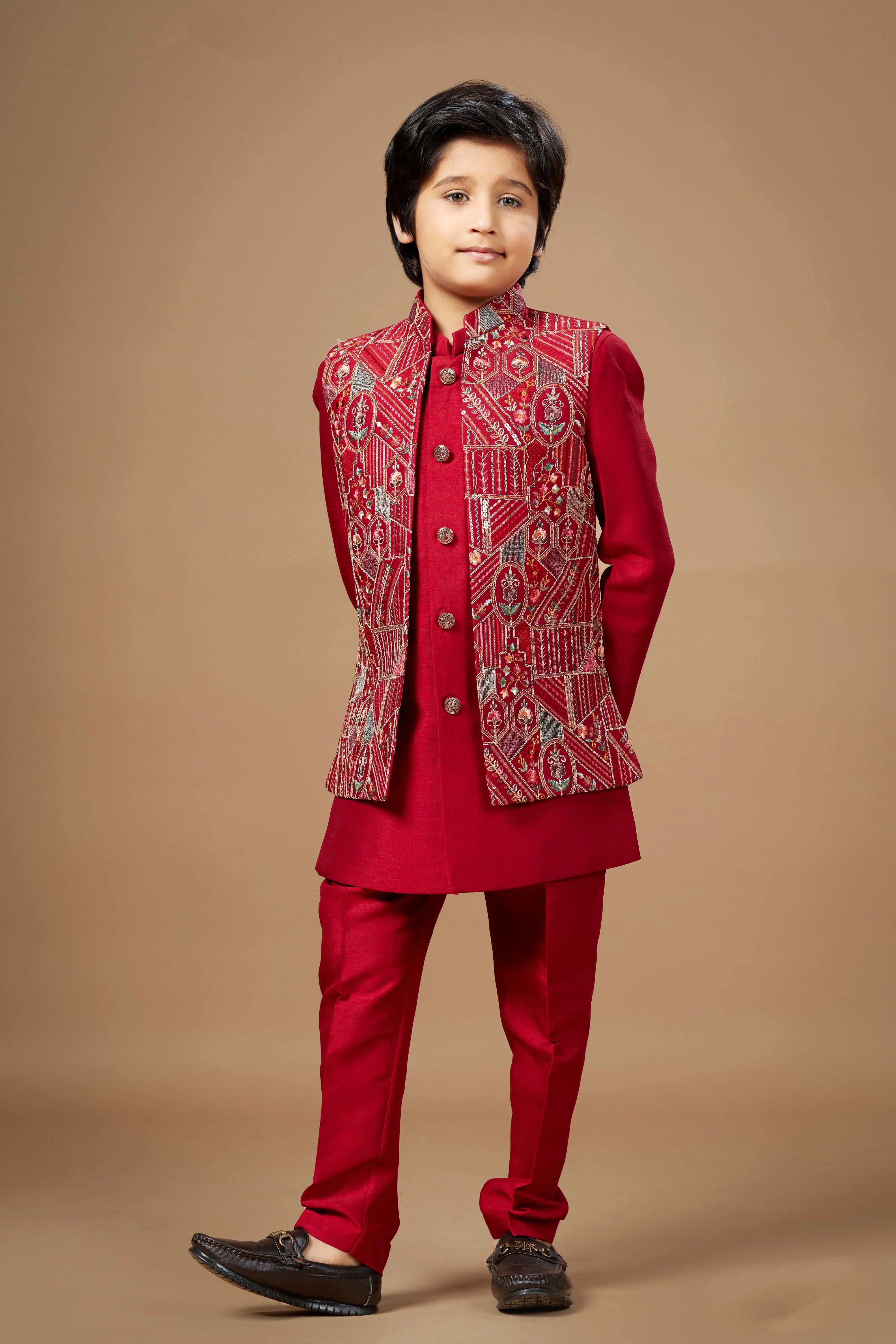 Red Boys Ethnic Wear Set with Embroidered Jacket | Mokshaa
