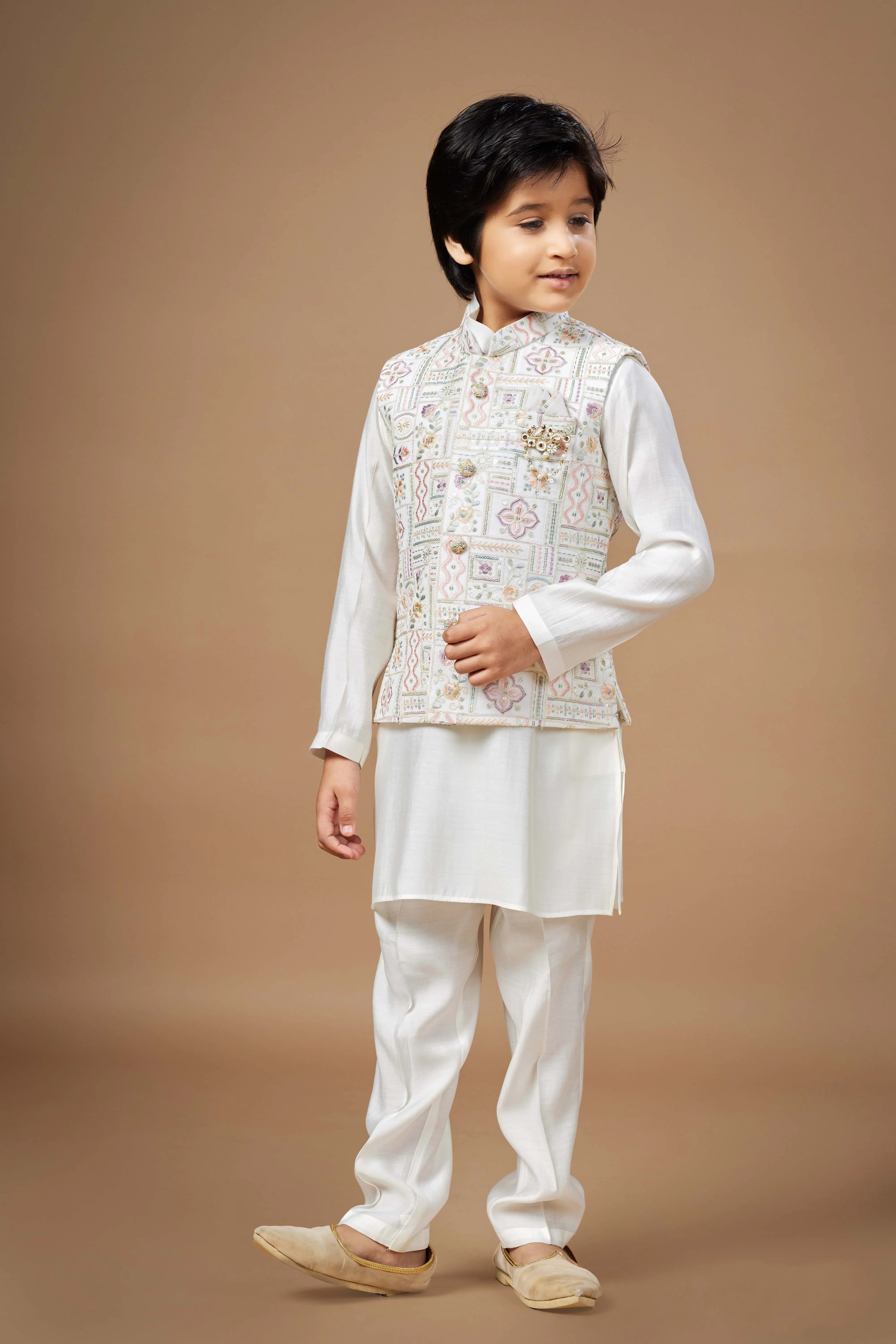 White Boys Ethnic Wear Set with Pastel Embroidered Jacket | Mokshaa
