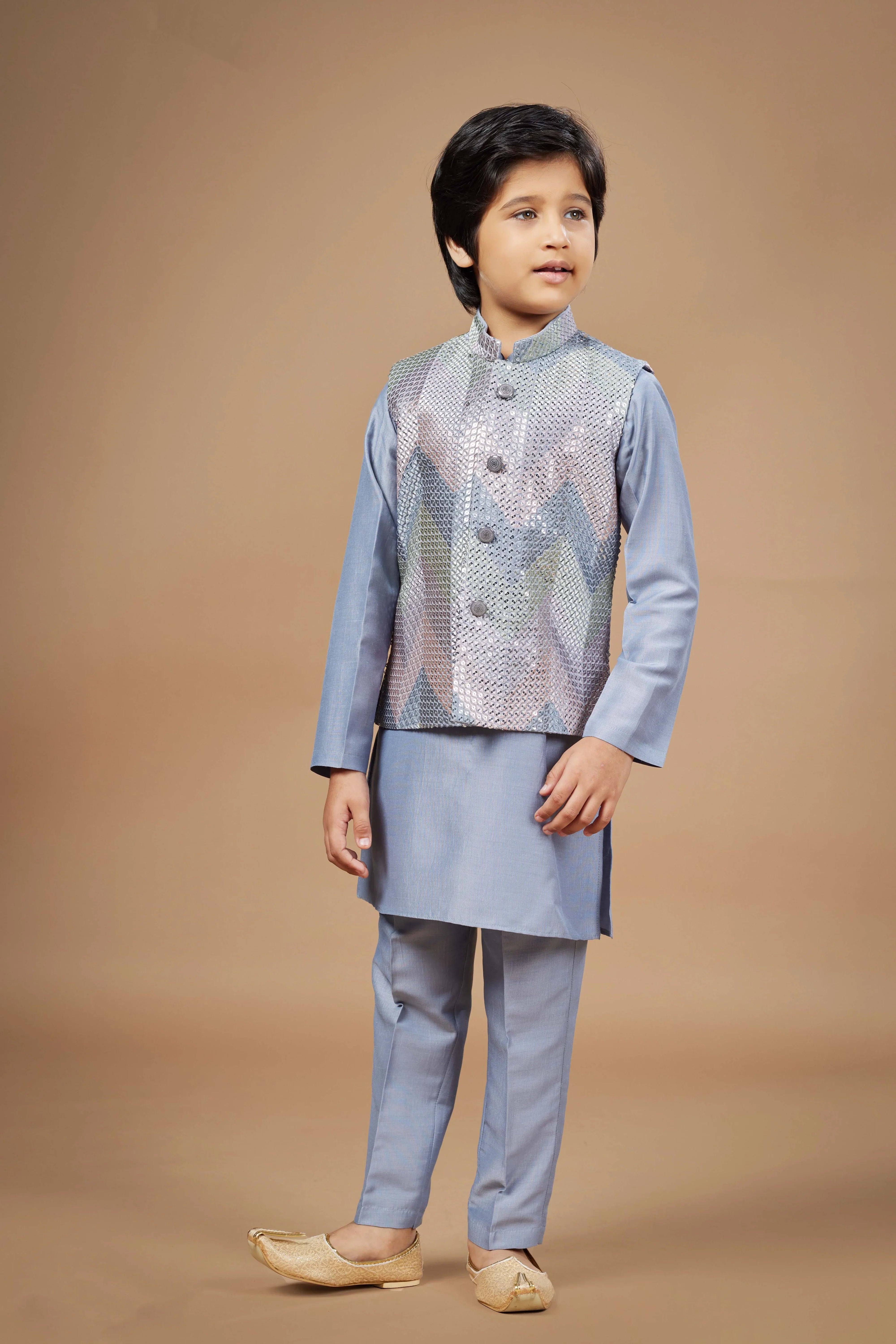 Powder Blue Boys Ethnic Wear Set with Sequined Jacket | Mokshaa