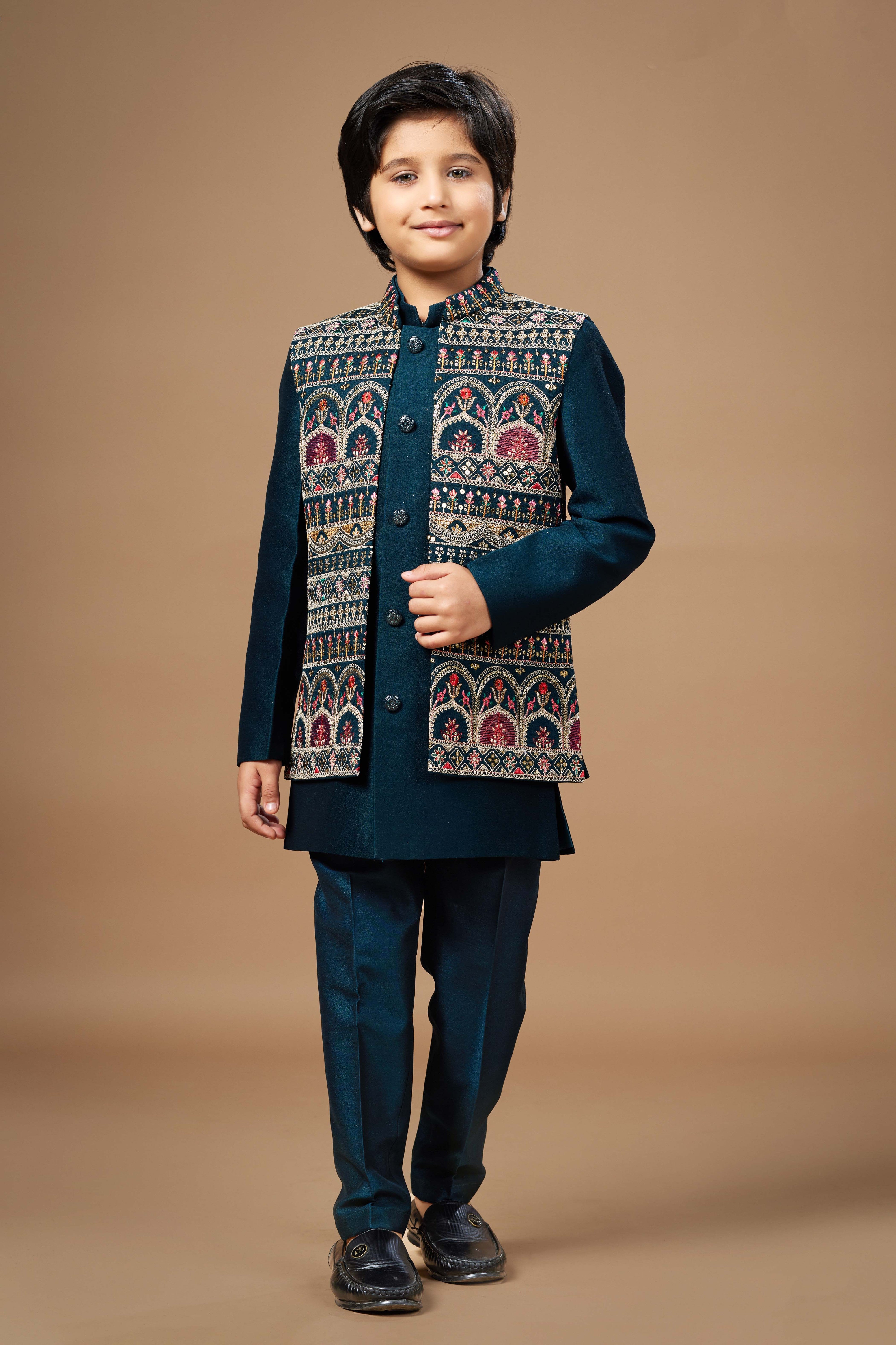 Teal Boys Ethnic Wear Set with Embroidered Jacket