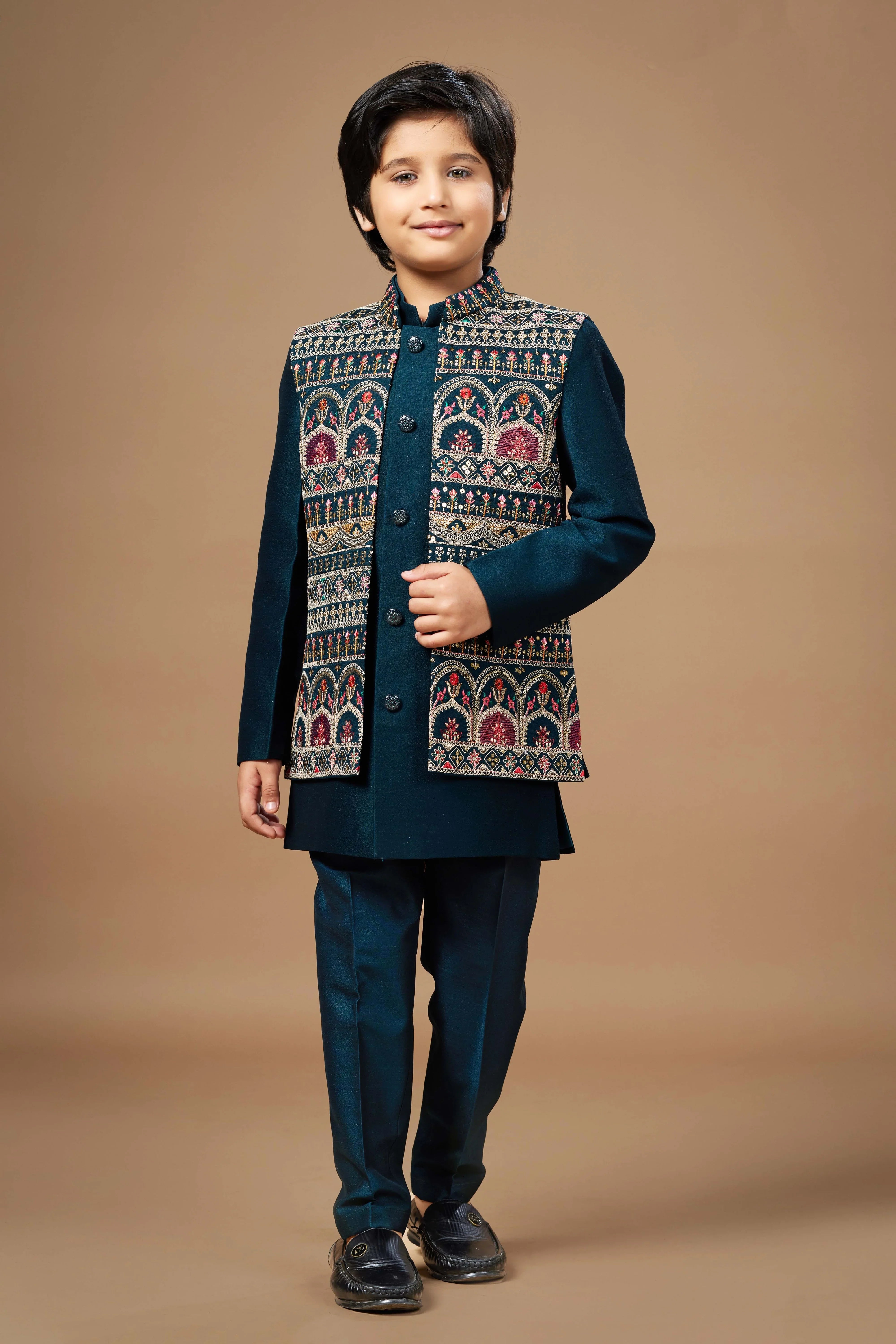Teal Boys Ethnic Wear Set with Embroidered Jacket | Mokshaa