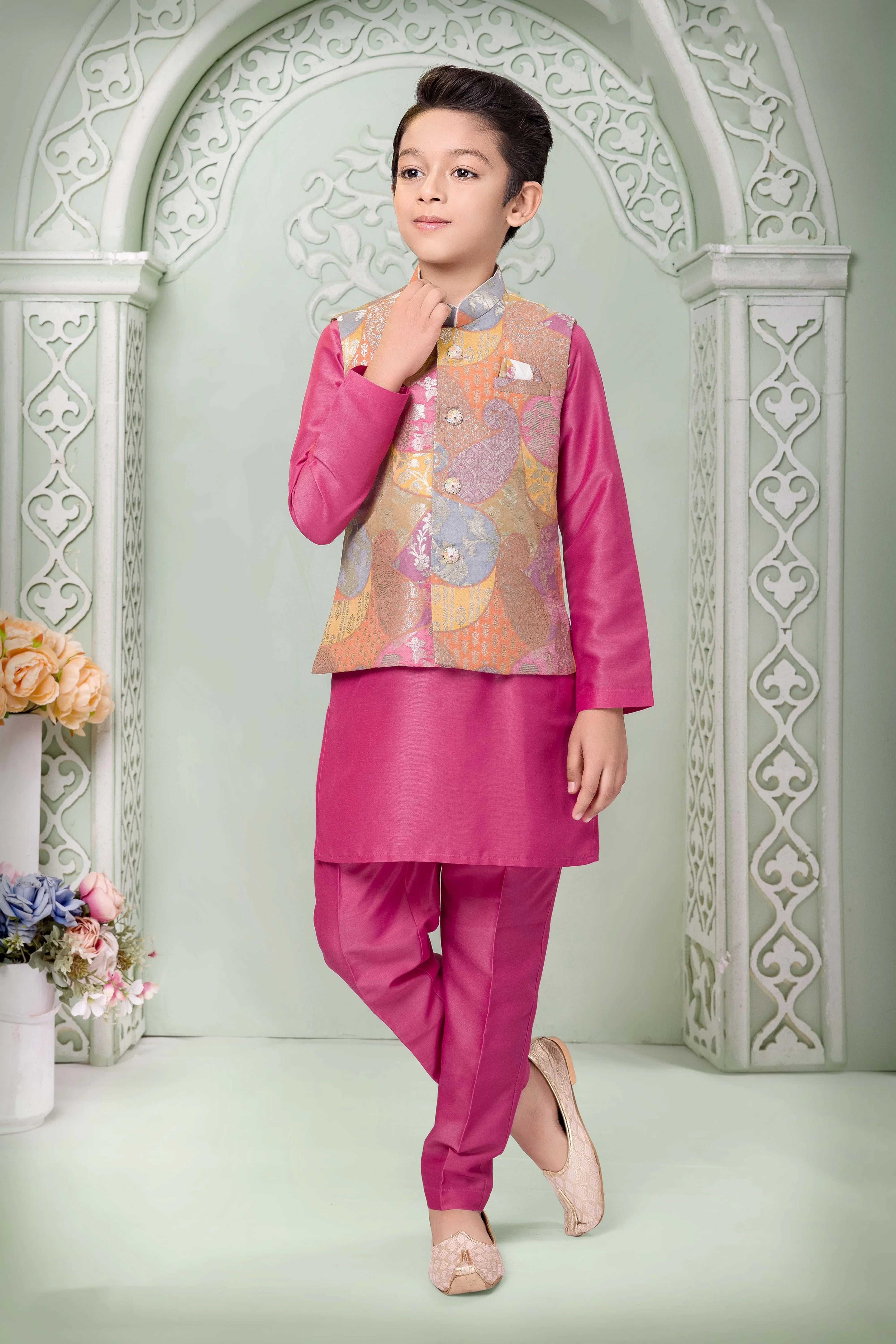 Boys Pink Kurta Bandi Set with Multicolor Jacquard Jacket | Mokshaa