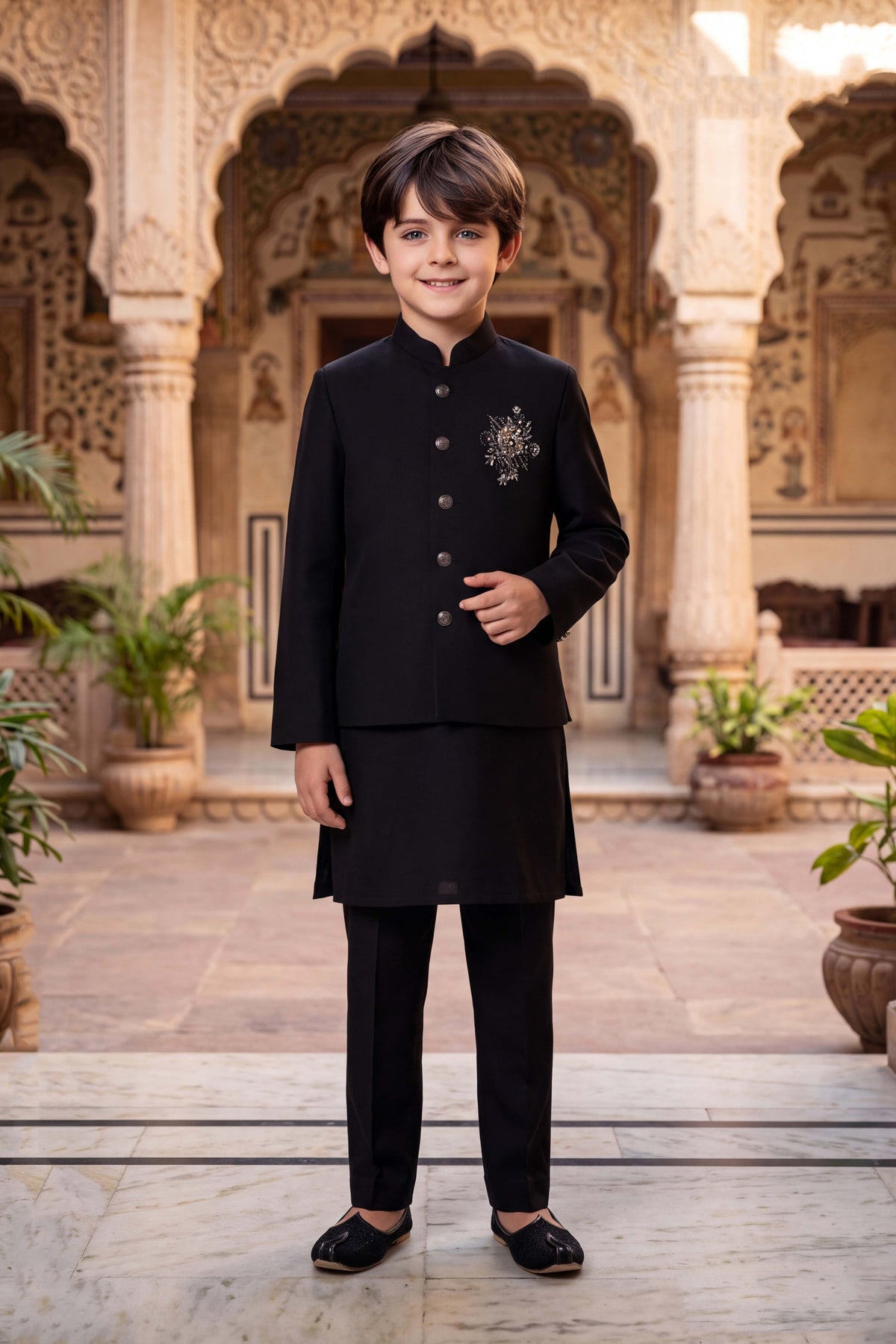 Black Embellished Indo-Western Kurta Set for Boys