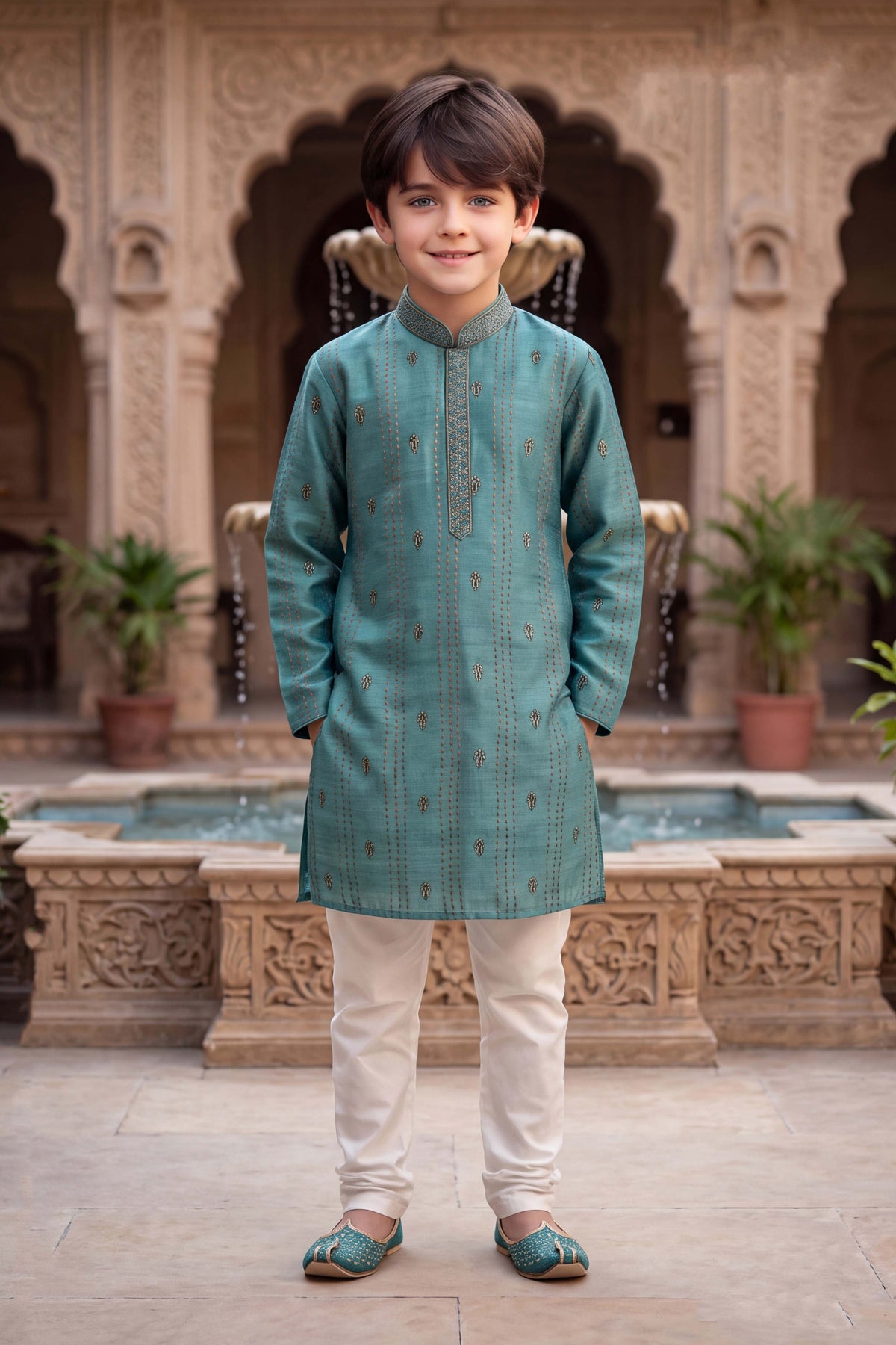 Teal Blue Embroidered Kurta Set for Boys