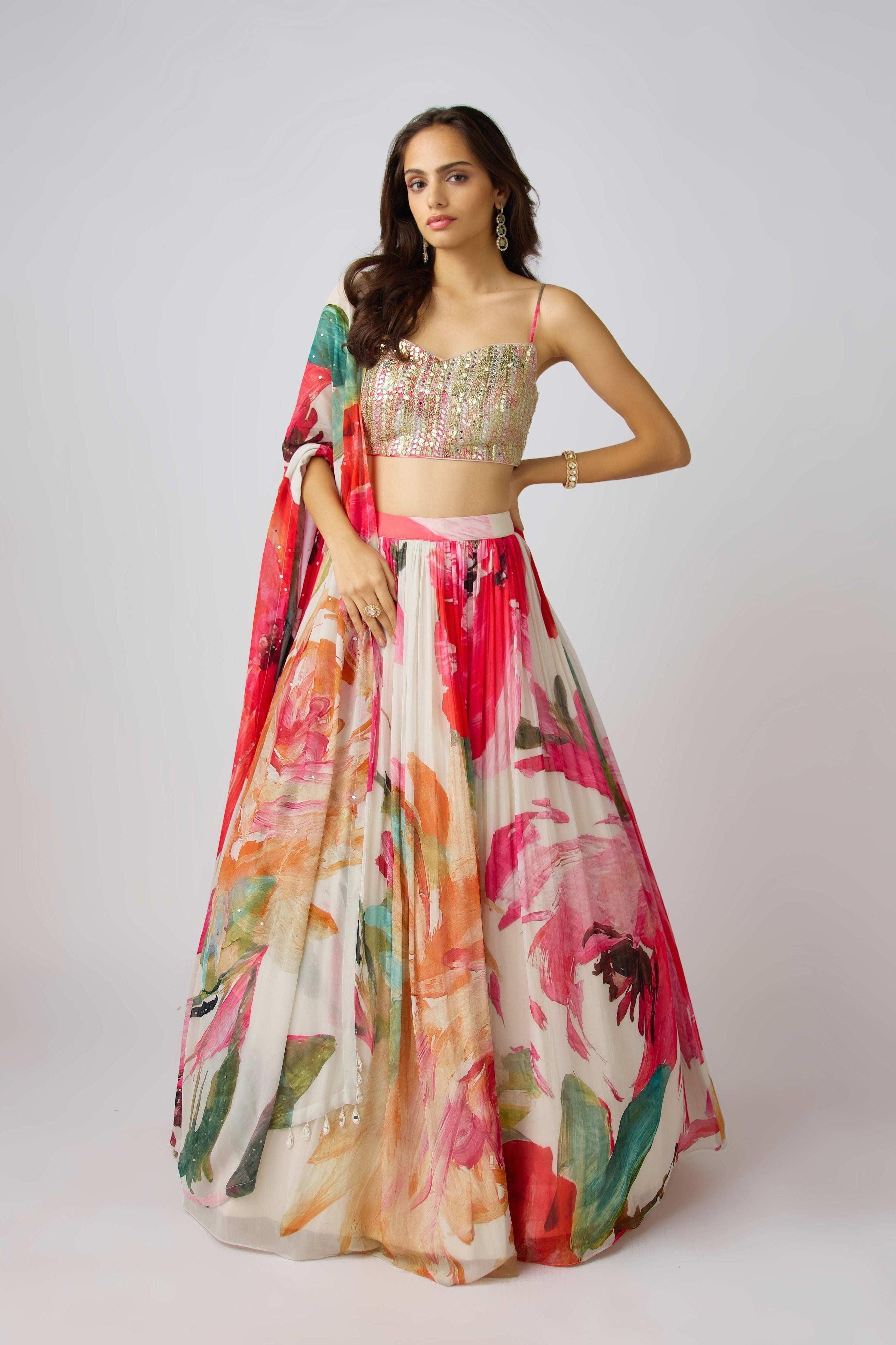 Multi Georgette Embroidered Floral Lehenga Set Mokshaa