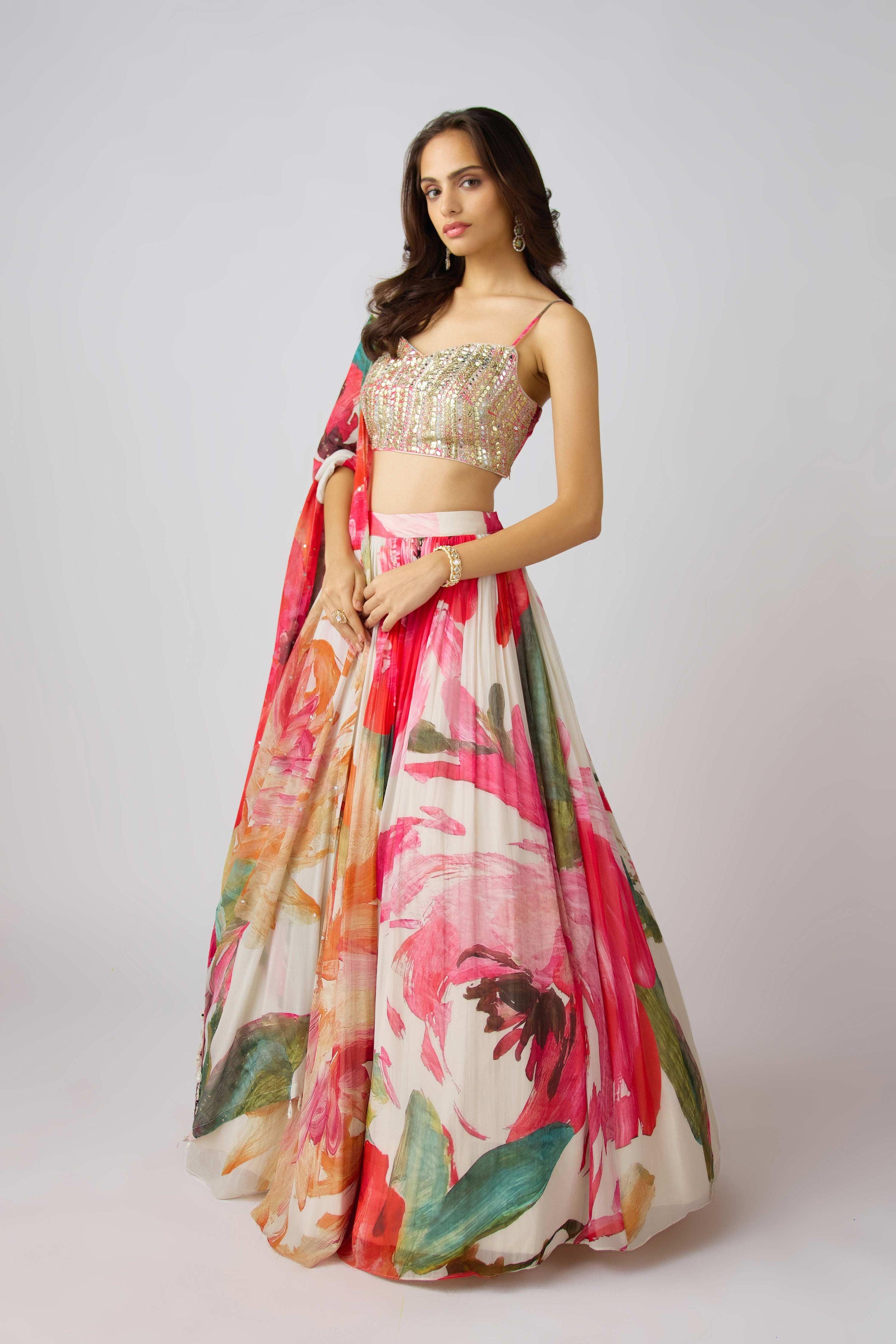 Multi Georgette Embroidered Floral Lehenga Set Mokshaa