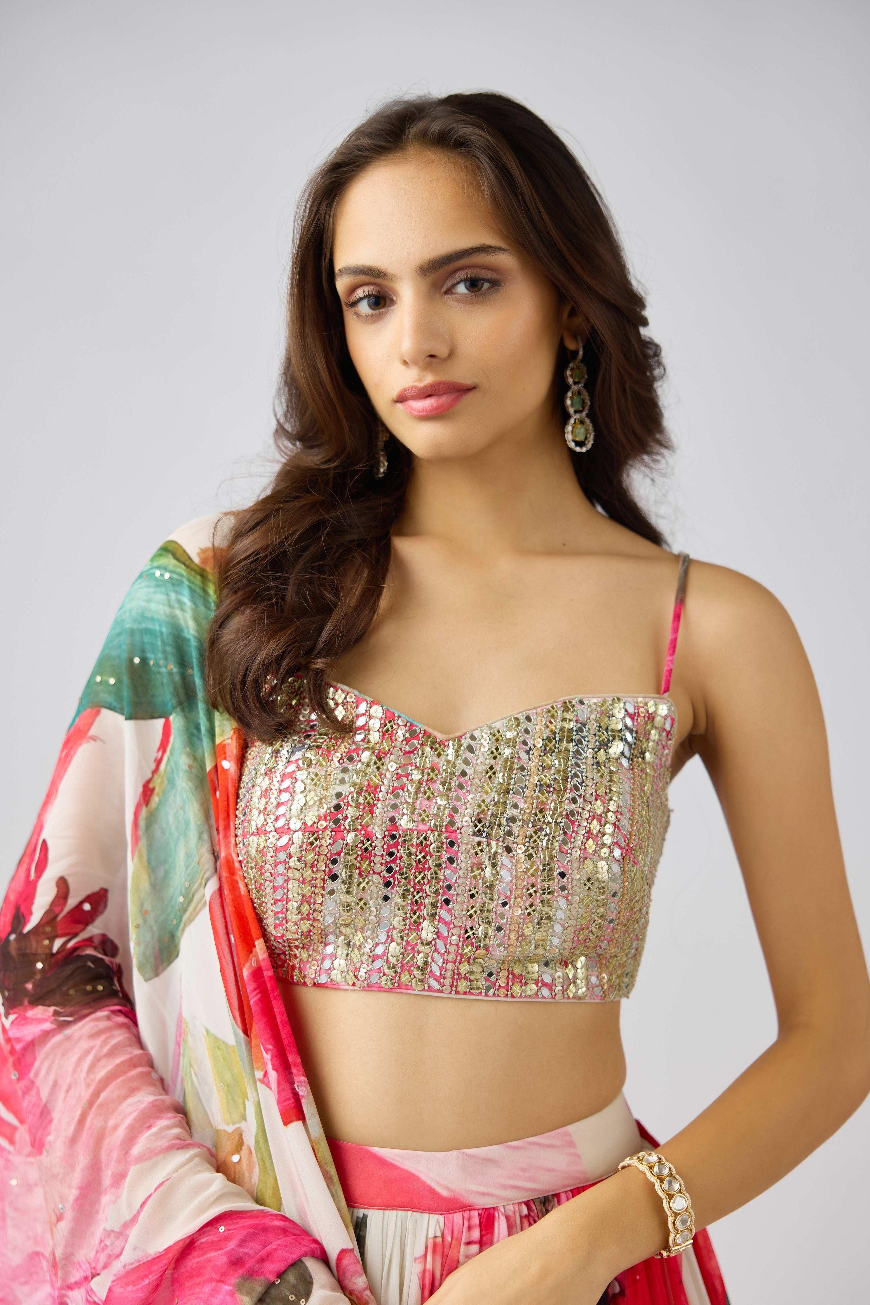 Multi Georgette Embroidered Floral Lehenga Set Mokshaa