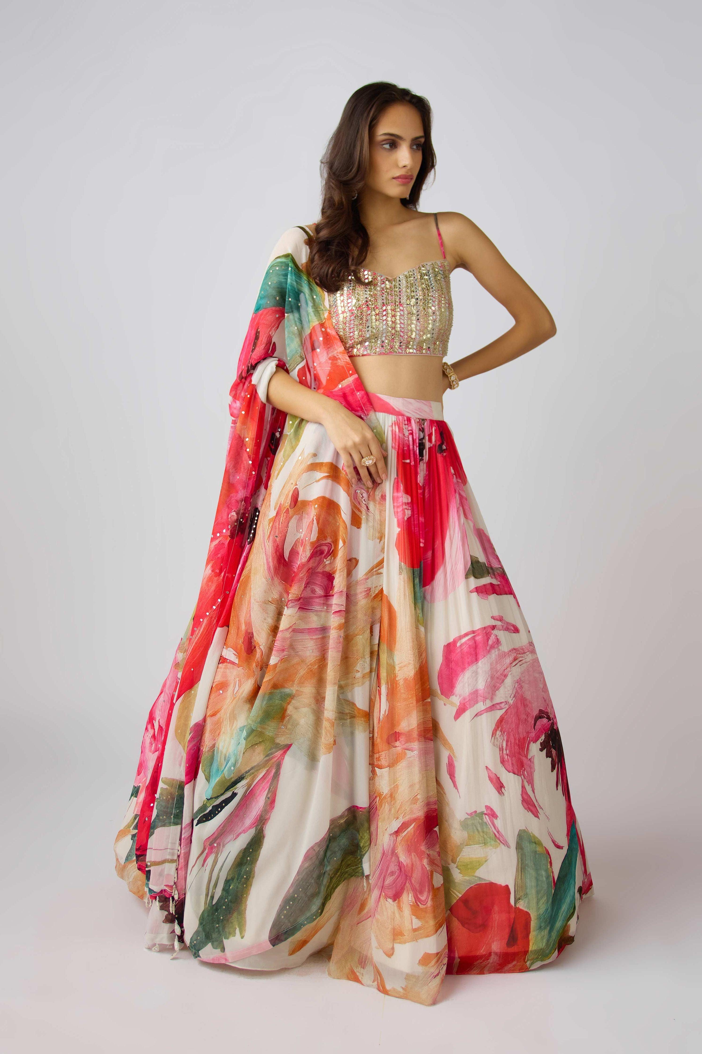 Multi Georgette Embroidered Floral Lehenga Set Mokshaa