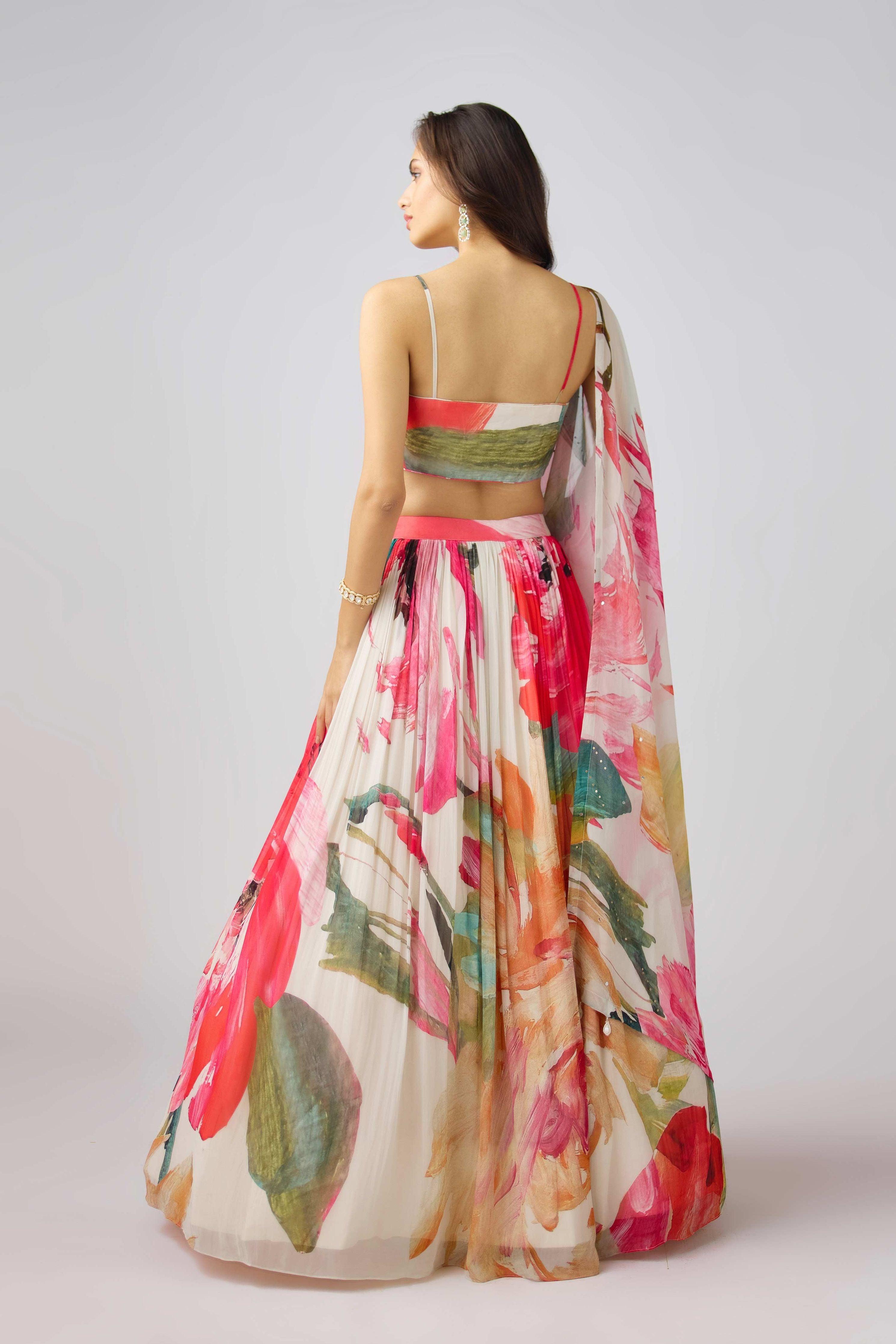 Multi Georgette Embroidered Floral Lehenga Set Mokshaa