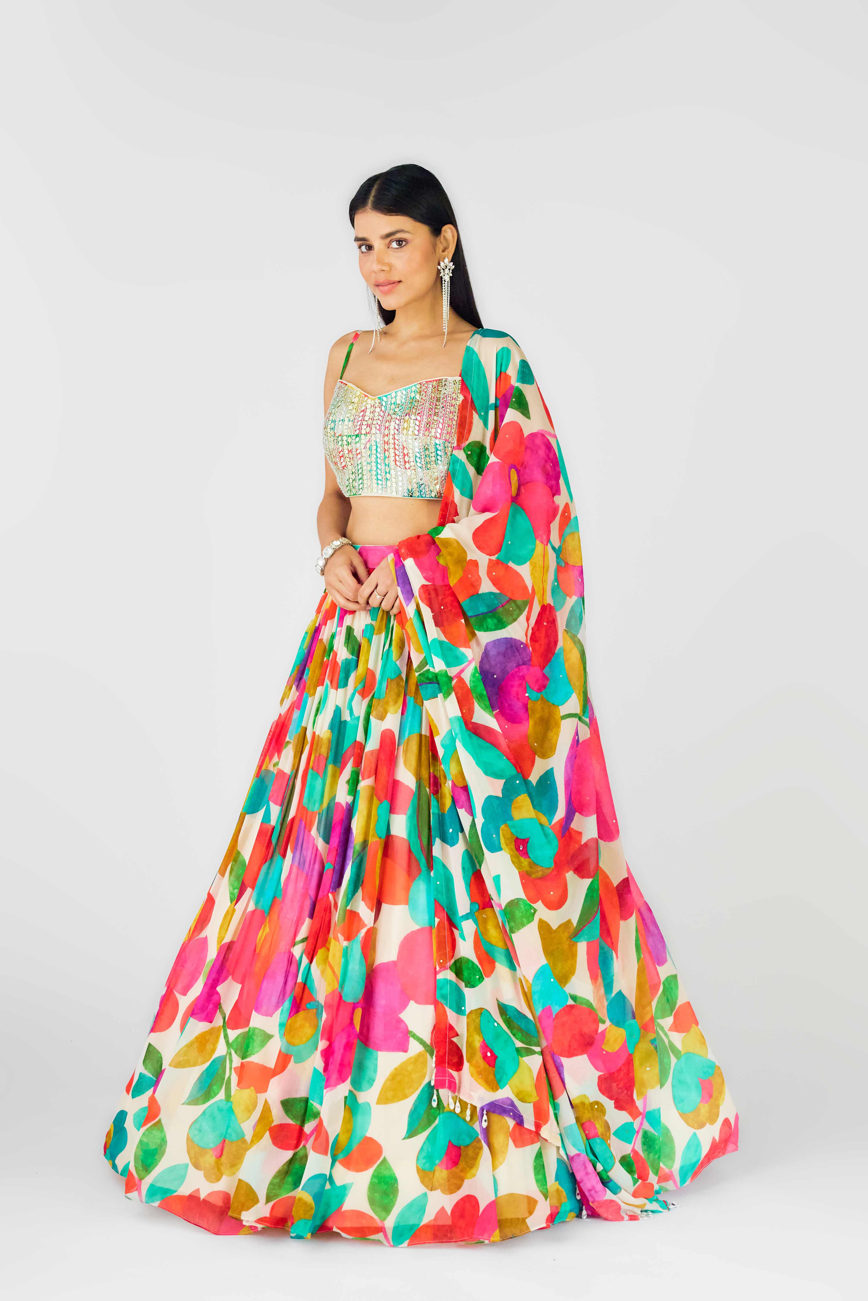 Multicolor Georgette Lehenga with Mirror & Zari Embroidery Mokshaa