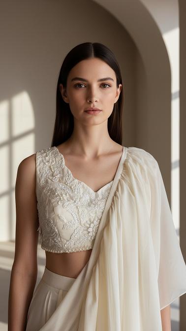 Ivory Organza Embroidered Pleated Saree