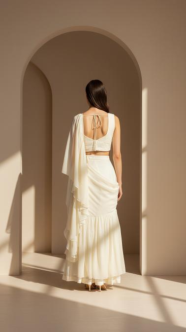 Ivory Organza Embroidered Pleated Saree