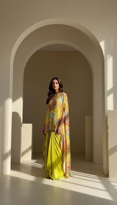 Lime Crepe Floral Embroidered Cape Set