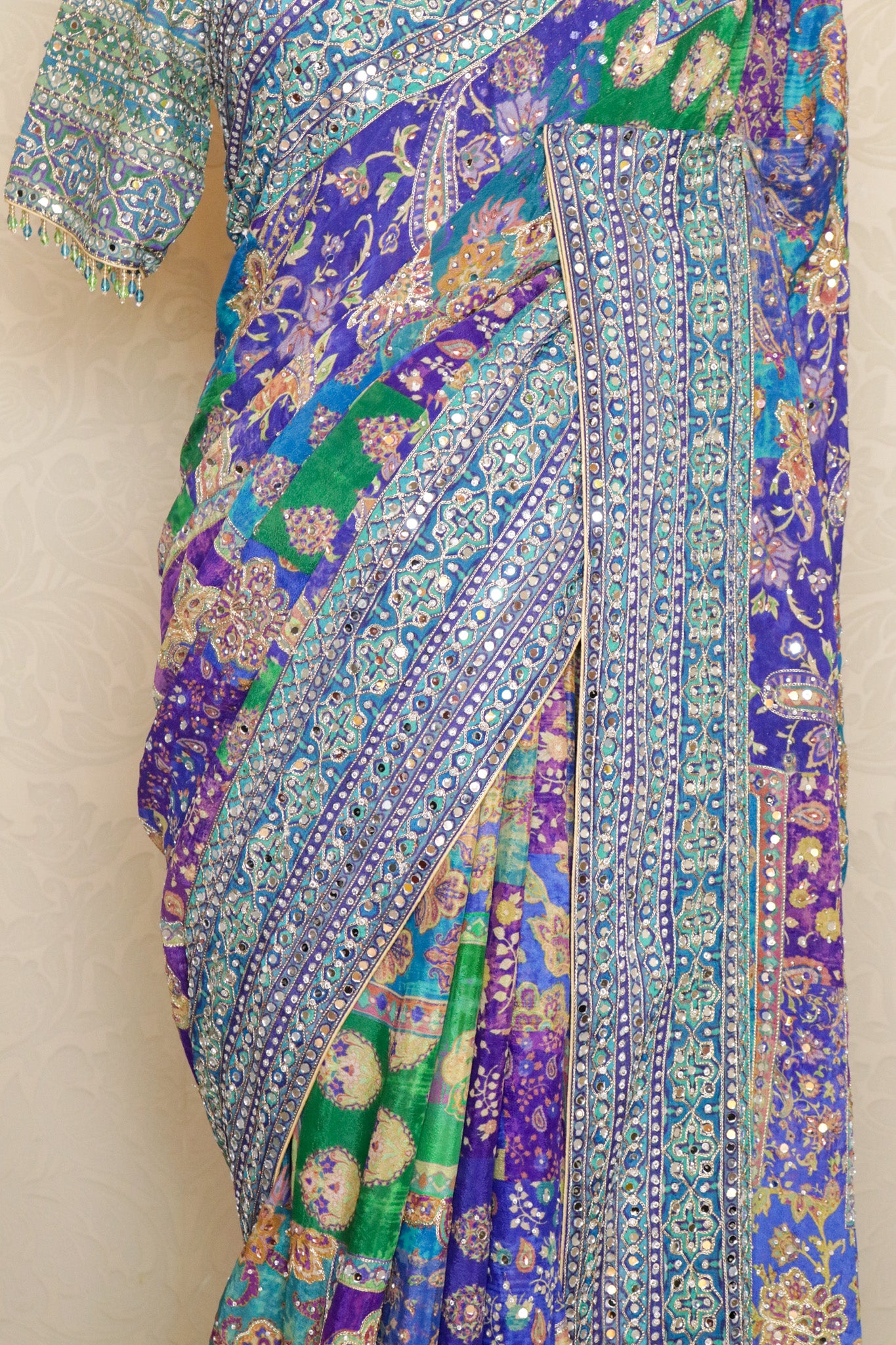 Blue Georgette Mirror Work Saree