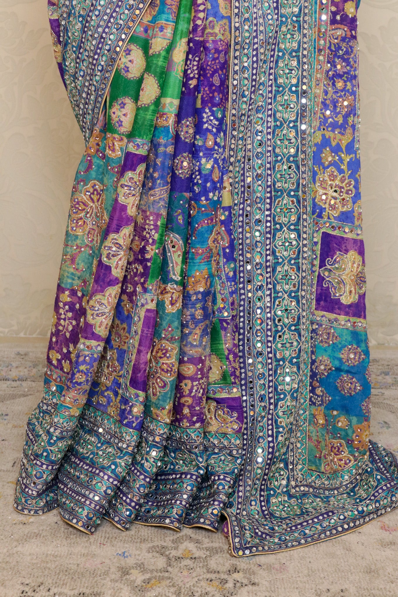 Blue Georgette Mirror Work Saree