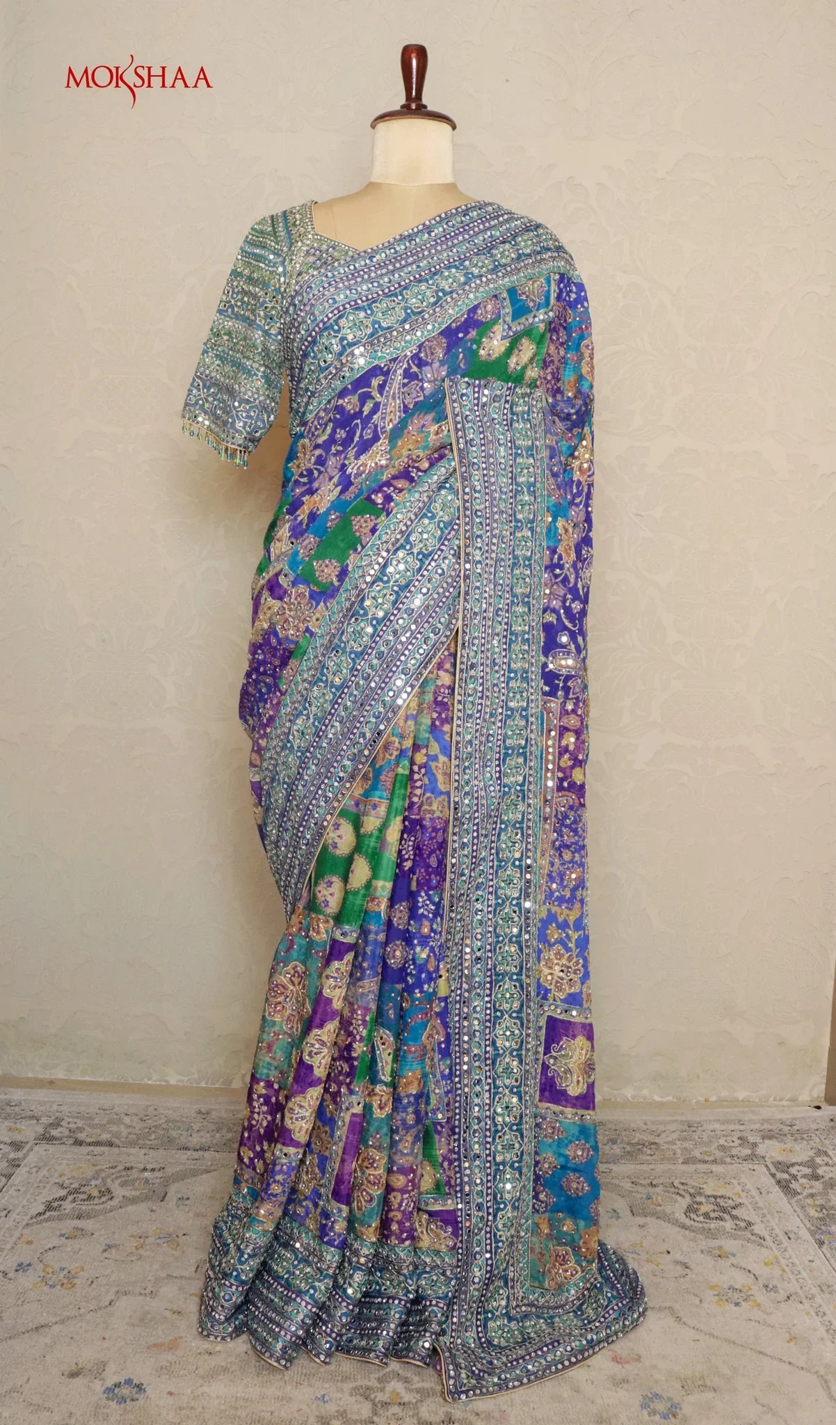 Blue Georgette Mirror and Sequin Work Saree | Mokshaa
