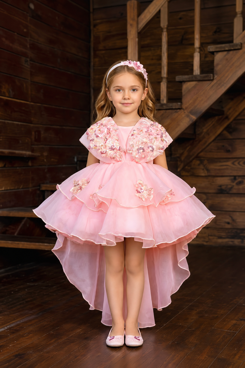 Soft Pink Floral Embroidered High-Low Party Frock for Girls