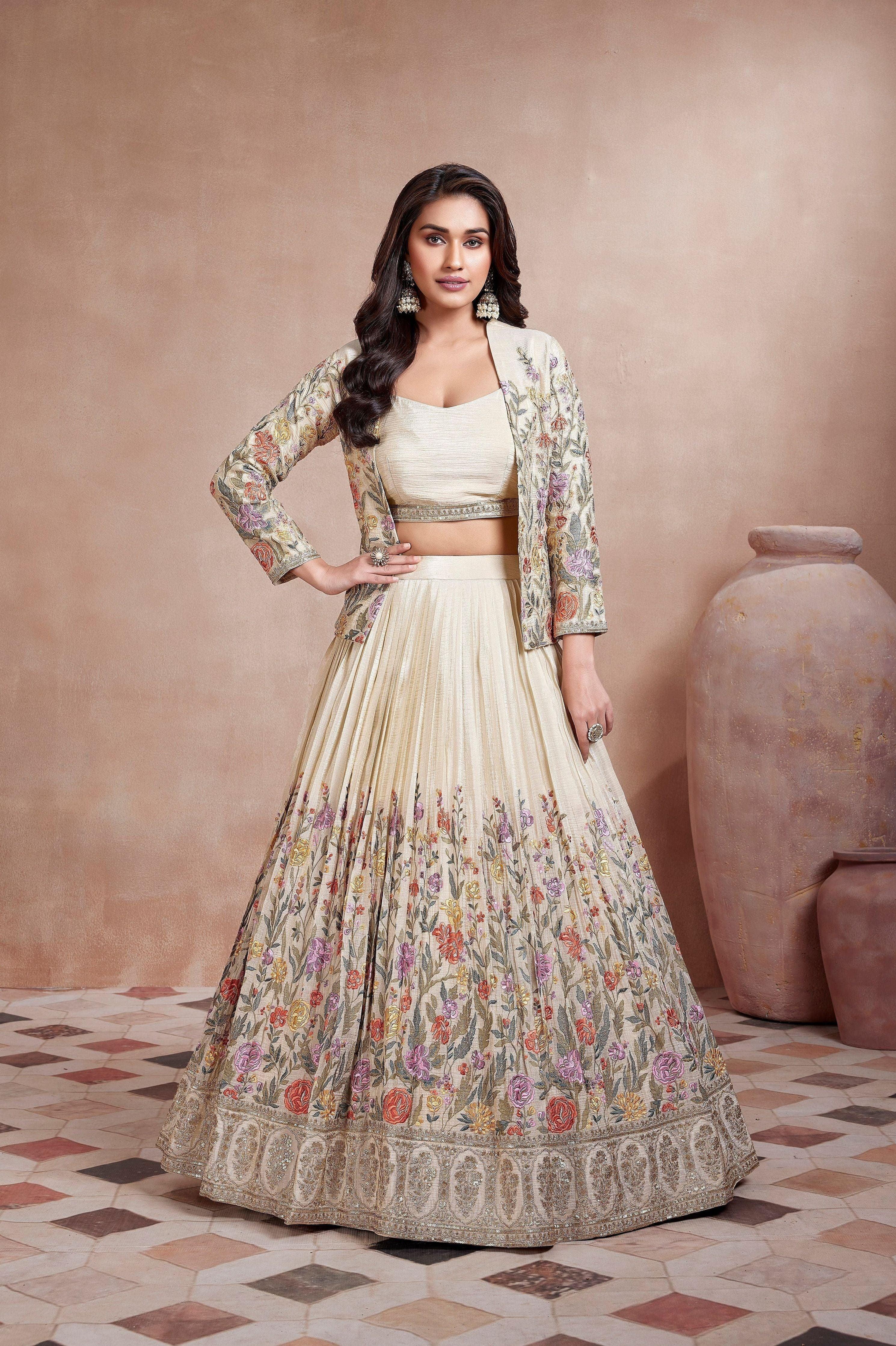 Floral Ivory Embellished Premium Raw Silk Jacket Lehenga Set - Mokshaa