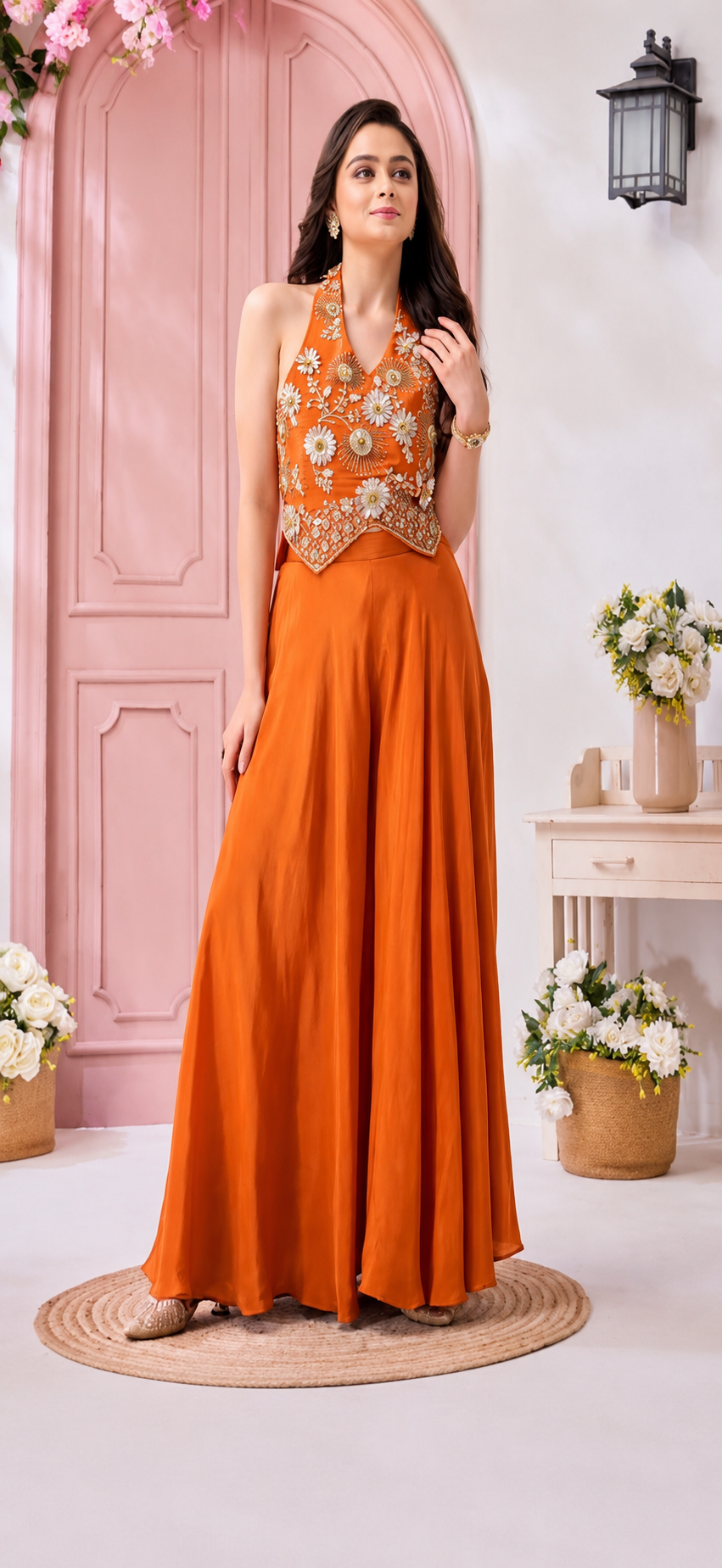 Rust Orange Embroidered Halter Palazzo Set