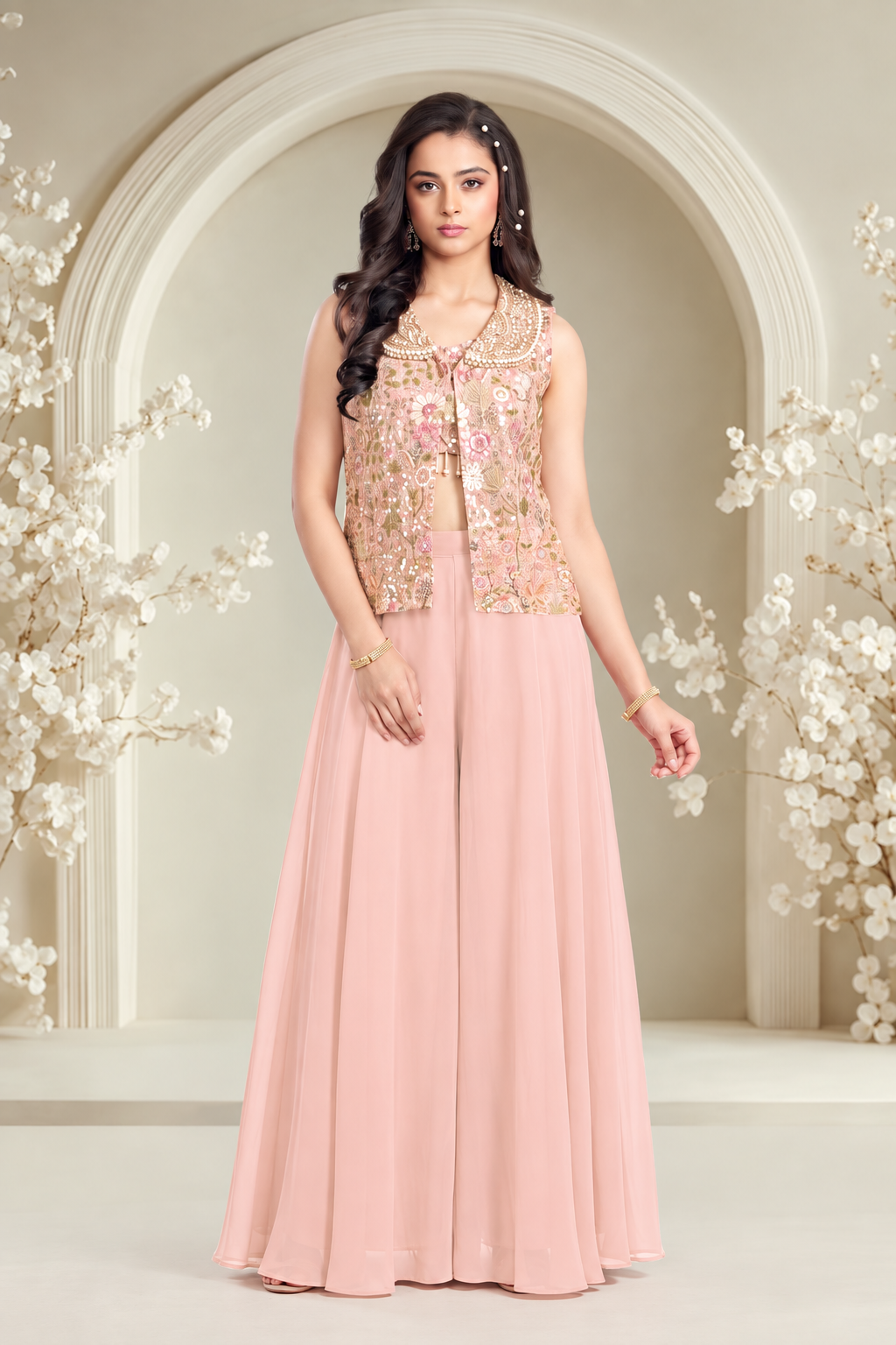 Blush Pink Embroidered Jacket Girls Palazzo Set