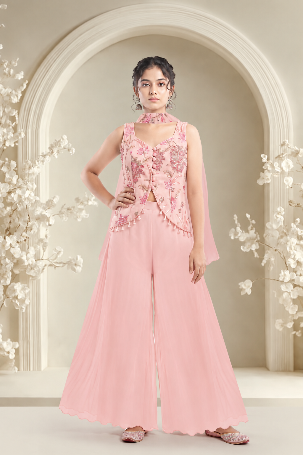 Blush Pink Embroidered Girls Palazzo Set