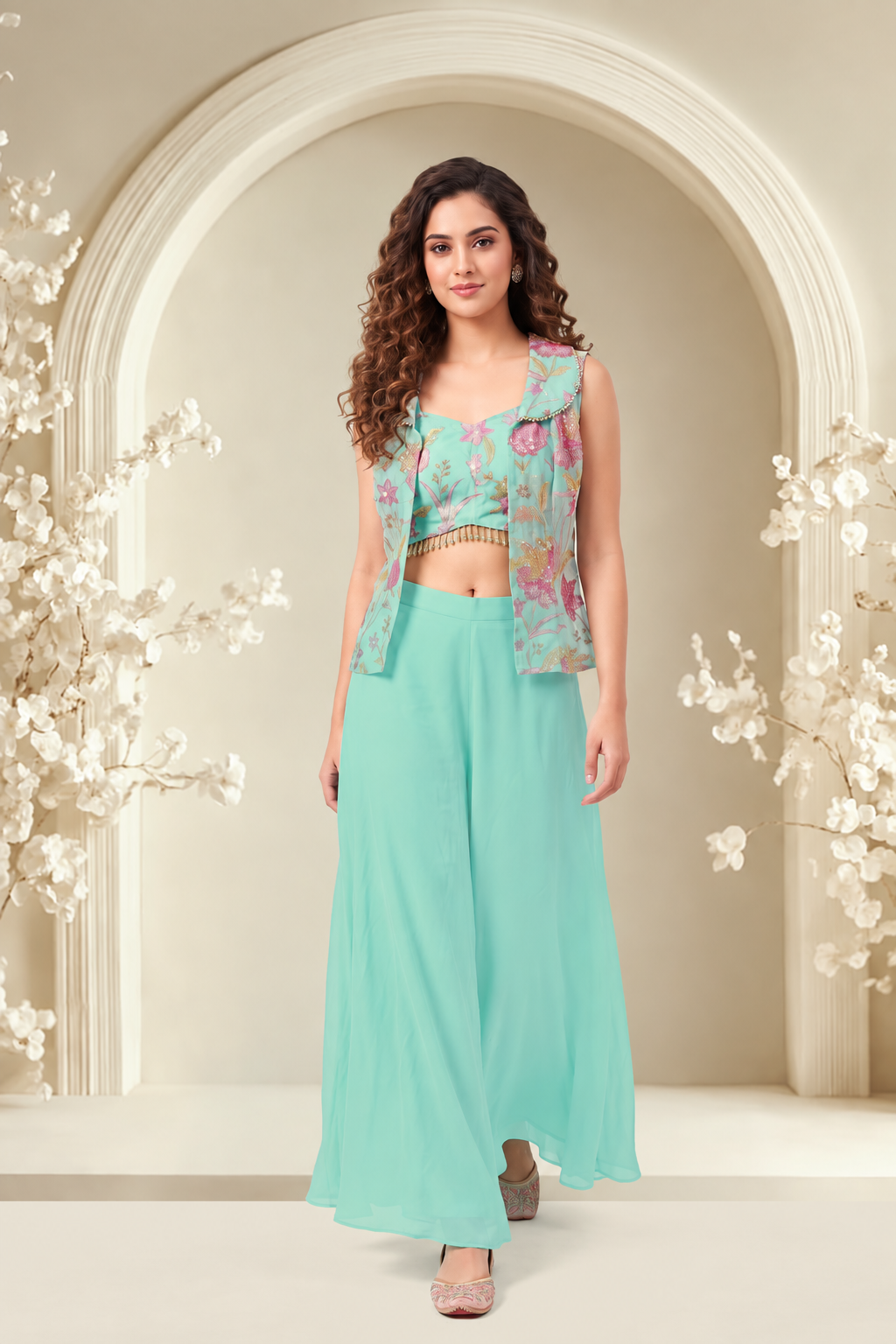Aqua Blue Floral Jacket Girls Palazzo Set